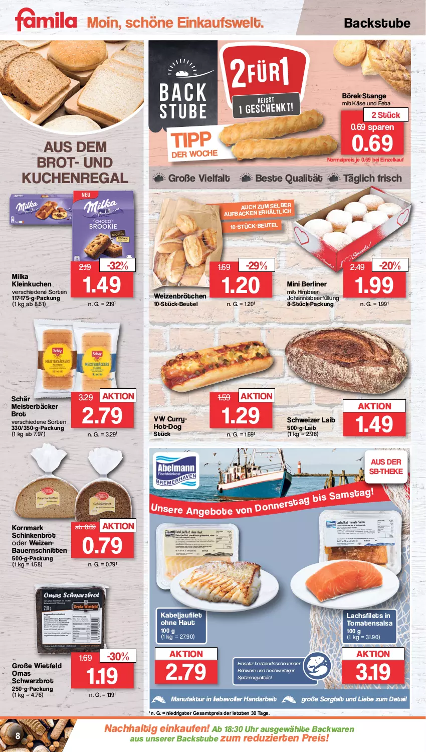 Aktueller Prospekt Famila - Prospekte - von 16.01 bis 21.01.2023 - strona 8 - produkty: auer, backwaren, Bau, Bauer, berliner, beutel, brot, brötchen, curry, eis, Faktu, feta, filet, filets, himbeer, kabeljaufilet, Käse, korn, kuchen, lachs, lachsfilet, lachsfilets, Meister, milka, regal, reis, Salsa, schinken, schnitten, Schwarzbrot, spitzenqualität, stube, Ti, tomate, tomaten, uhr, weizenbrötchen, ZTE