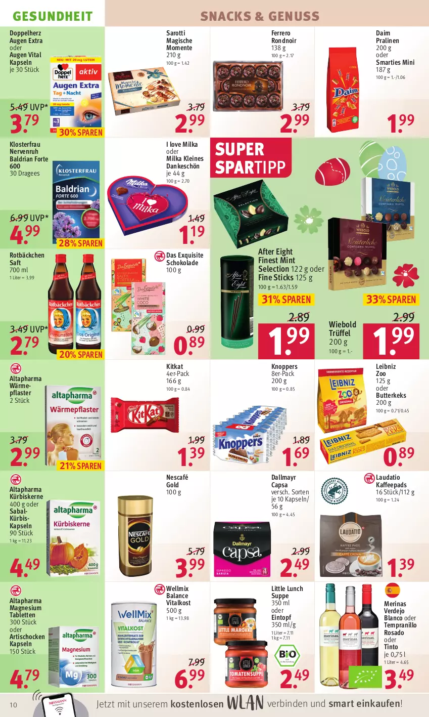 Aktueller Prospekt Rossmann - Prospekte - von 28.03 bis 01.04.2022 - strona 10 - produkty: after eight, Altapharma, Artischocken, binden, butter, butterkeks, Cap, daim, dallmayr, dallmayr capsa, doppelherz, eintopf, ente, erde, ferrero, Gesundheit, kaffee, kaffeepads, keks, kitkat, knoppers, Kürbis, kürbiskerne, leibniz, leine, magnesium, milka, mint, Nescafé, nescafé gold, nuss, pflaster, pralinen, Ria, saft, saro, sarotti, schoko, schokolade, smarties, snack, snacks, spartipp, suppe, tablet, tablett, Tablette, tempranillo, Ti, tisch, topf, Trüffel, vita