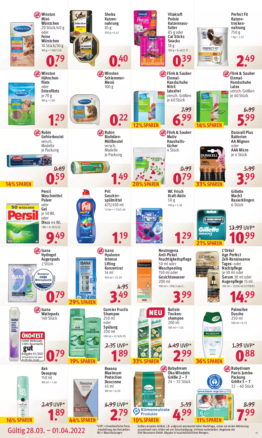 Aktueller Prospekt Rossmann - Prospekte - von 28.03 bis 01.04.2022 - strona 12 - produkty: angebot, angebote, auer, Augenpflege, babydream, batterie, batterien, Bau, baumwolle, beutel, bio, creme, dell, deo, Deocreme, deospray, deospray 150 ml, dusche, eis, elle, Engel, ente, feuchtigkeitspflege, filet, filets, fructis, garnier, gefrierbeutel, geschirr, geschirrspülmittel, Gesichtswasser, gillette, handschuhe, haushaltstücher, HP, hyaluron, isana, jumbo, katzennahrung, kraft, mac, mach3, Mode, müllbeutel, nachtpflege, nassfutter, neutrogena, olive, palmolive, Pants, Peeling, Perfect Fit, persil, persil waschmittel, pril, Rasierklinge, rasierklingen, reis, rexona, Rubin, rum, sana, schuhe, Serum, shampoo, shampoo 250 ml, sheba, snack, snacks, spülmittel, spülung, spülung 200 ml, teller, Ti, Trockennahrung, Trockenshampoo, tücher, vita, vitakraft, waschmittel, wasser, wattepads, wc frisch, windeln, wolle, würstchen