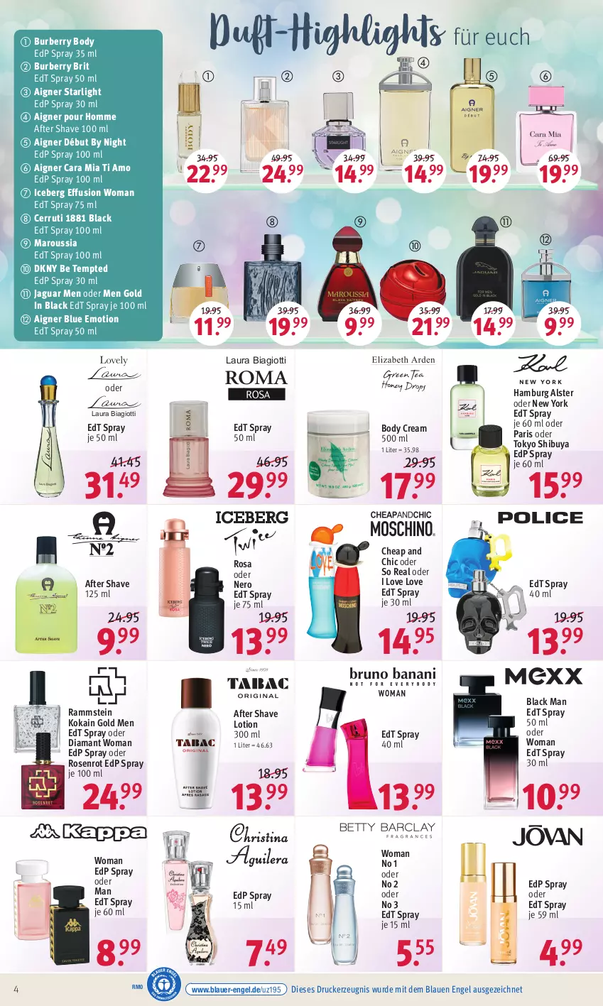 Aktueller Prospekt Rossmann - Prospekte - von 28.03 bis 01.04.2022 - strona 4 - produkty: after shave, aigner, auer, body, Burberry, cerruti 1881, DKNY, drucker, edp spray, edt spray, Engel, Jaguar, kerze, lack, laura biagiotti, Lotion, nero, rosen, starlight, Ti, Yo