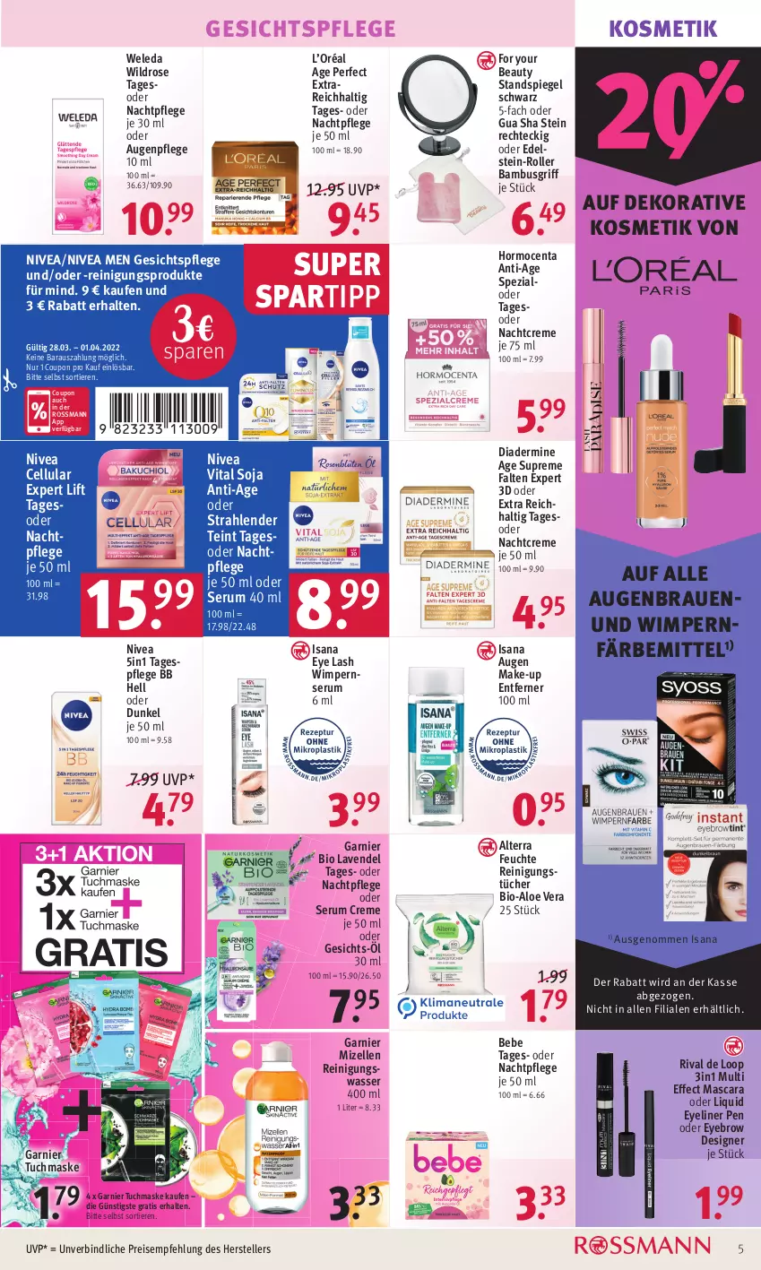 Aktueller Prospekt Rossmann - Prospekte - von 28.03 bis 01.04.2022 - strona 5 - produkty: aloe vera, alterra, Augenpflege, bambus, Bebe, bio, coupon, creme, Diadermine, Effect, eis, elle, Eyeliner, For Your Beauty, garnier, gesichtspflege, gsw, isana, kosmetik, lavendel, Make-up, Mascara, Maske, mizellen, Mizellen Reinigungswasser, nachtcreme, nachtpflege, nivea, Nivea Men, Reinigung, reinigungstücher, reis, Roller, rum, sana, Serum, soja, spartipp, Spezi, spiegel, Standspiegel, Tagespflege, teller, Ti, Tiere, tuc, tücher, tuchmaske, vita, wasser, weleda, Wild, Yo