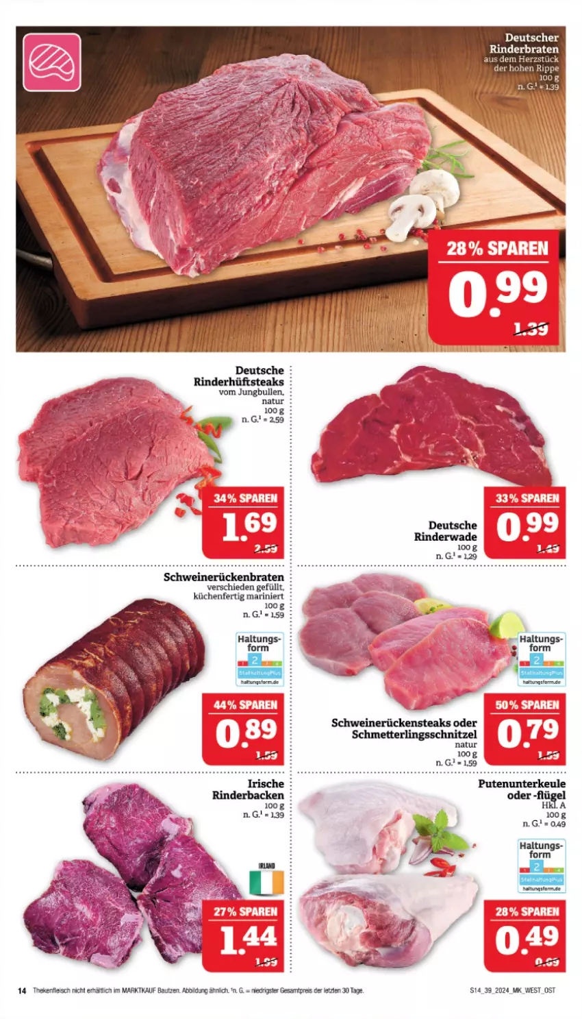 Aktueller Prospekt Marktkauf - Prospekt - von 22.09 bis 28.09.2024 - strona 14 - produkty: Bau, braten, eis, fleisch, jungbullen, küche, Küchen, Mett, natur, pute, reis, rind, rinder, rinderbraten, Rückensteak, rückensteaks, Schmetterling, schnitzel, steak, steaks, Ti, ZTE