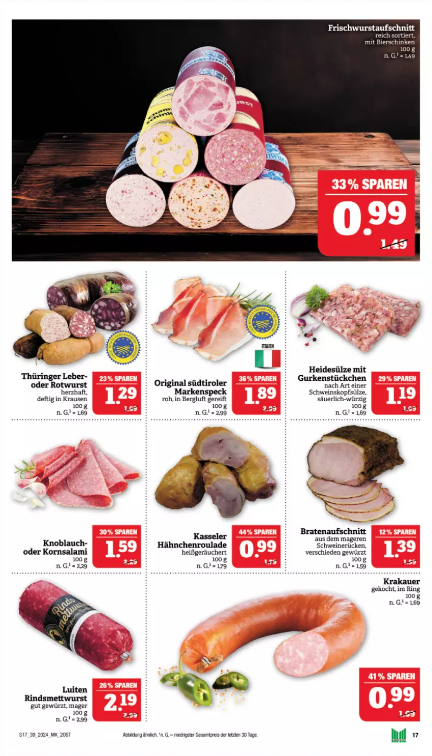 Aktueller Prospekt Marktkauf - Prospekt - von 22.09 bis 28.09.2024 - strona 17 - produkty: auer, aufschnitt, bier, bierschinken, braten, bratenaufschnitt, eis, gewürz, gin, gurke, gurken, kasseler, knoblauch, korn, krakauer, Mett, mettwurst, reis, rind, ring, Rotwurst, salami, schinken, schwein, schweine, schweinerücken, Speck, südtiroler, Ti, wein, weine, wurst, Yo, ZTE