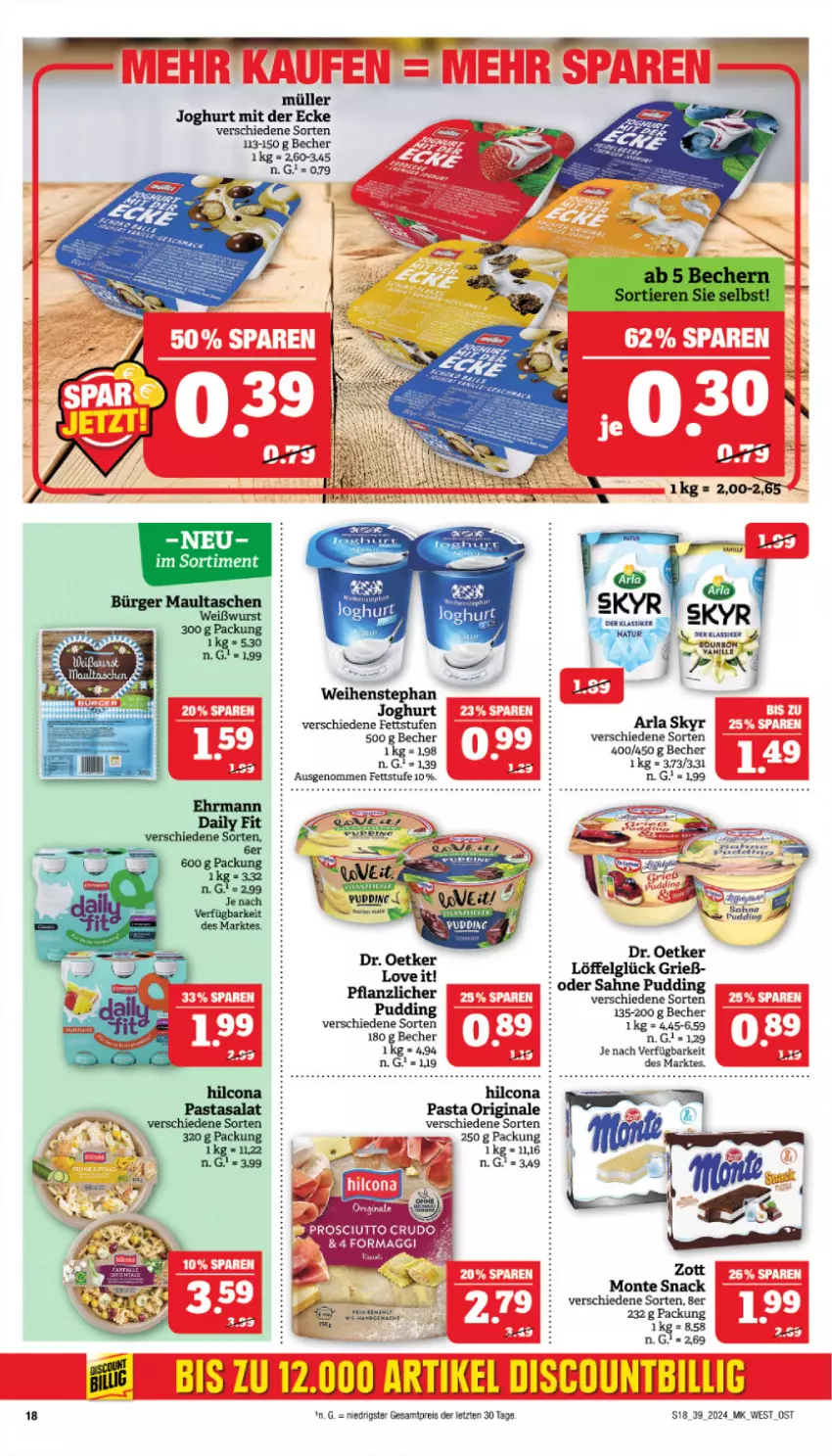 Aktueller Prospekt Marktkauf - Prospekt - von 22.09 bis 28.09.2024 - strona 18 - produkty: arla, arla skyr, Becher, discount, Dr. Oetker, eis, gin, hilcona, joghur, joghurt, joghurt mit der ecke, LG, Löffel, monte, Müller, pasta, pudding, reis, sahne, Skyr, snack, Ti, weihenstephan, zott, ZTE