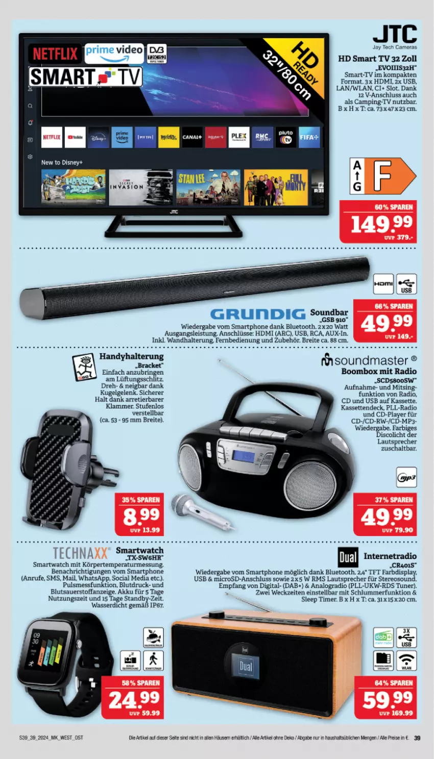 Aktueller Prospekt Marktkauf - Prospekt - von 22.09 bis 28.09.2024 - strona 39 - produkty: akku, auer, Brei, disney, eis, fernbedienung, grundig, Handy, HDMI, jay tech cameras, jtc, Kugel, lamm, lautsprecher, LG, microsd, Mp3, Radio, reis, ring, Schal, smart tv, smartphone, smartwatch, soundbar, Ti, timer, tuner, usb, wandhalterung, wasser, weck