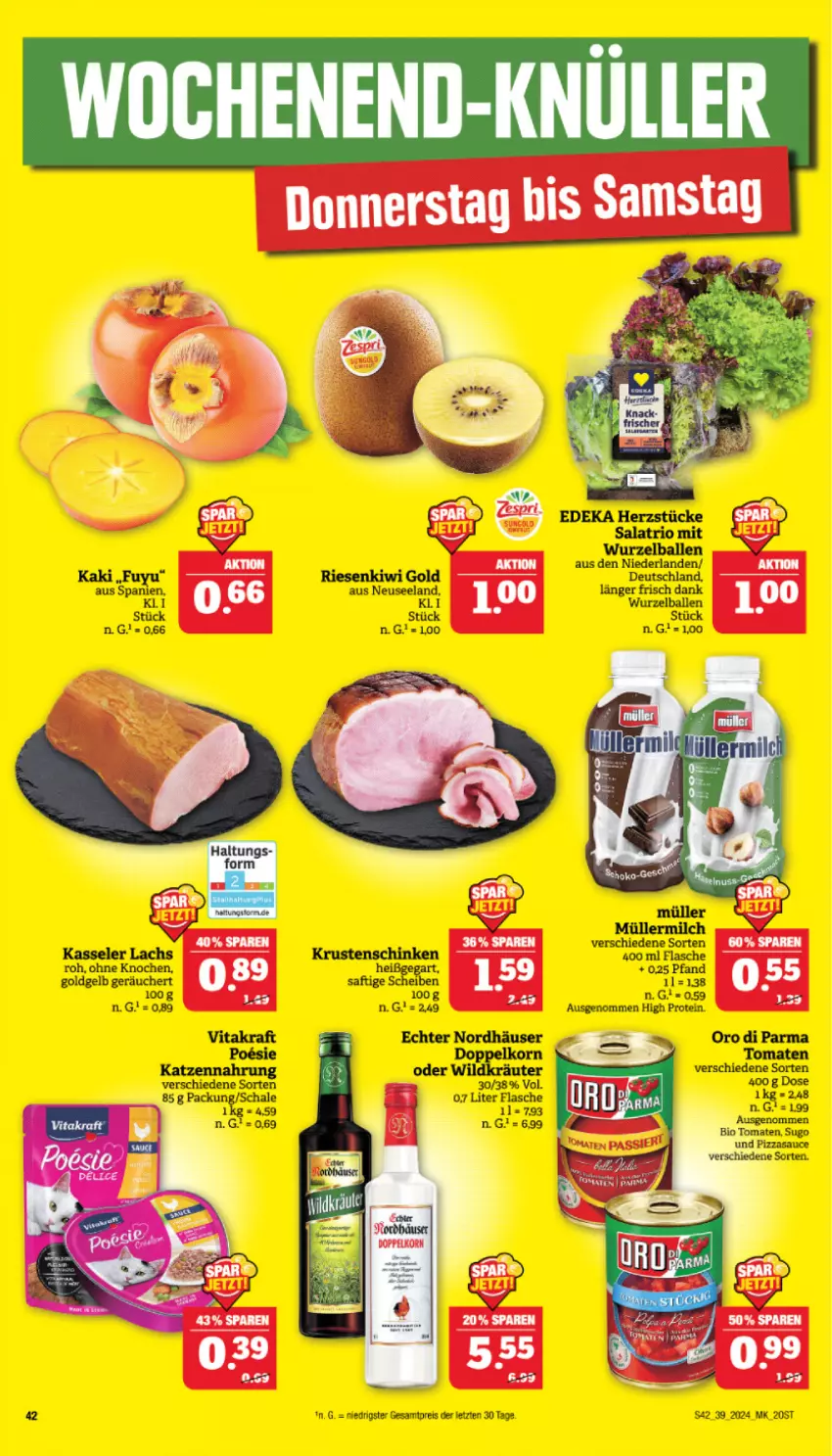 Aktueller Prospekt Marktkauf - Prospekt - von 22.09 bis 28.09.2024 - strona 42 - produkty: ball, deka, doppelkorn, eis, flasche, GPS, kasseler, kiwi, Kiwi Gold, korn, kraft, Krustenschinken, lachs, milch, Müller, müllermilch, oro di parma, reis, saft, salat, Schal, Schale, schinken, Ti, tomate, tomaten, vita, vitakraft, ZTE