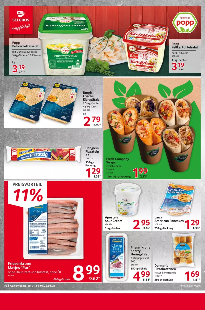 Aktueller Prospekt Selgros - Food - von 20.04 bis 26.04.2023 - strona 10 - produkty: apostels, Becher, beutel, brötchen, eier, eierspätzle, eimer, eis, filet, gurke, henglein, hering, Herings, kartoffel, kartoffelsalat, krone, mozzarella, natur, pizza, Pizzateig, Popp, preisvorteil, reis, rel, ring, salat, Schal, Schale, sour cream, zwiebel, zwiebeln