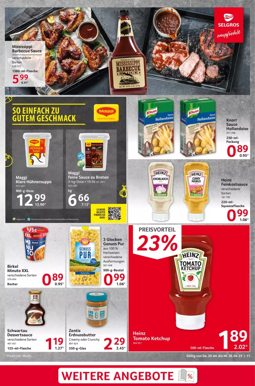 Aktueller Prospekt Selgros - Food - von 20.04 bis 26.04.2023 - strona 11 - produkty: barbecue, Becher, beutel, birkel, braten, butter, dessert, desserts, dessertsauce, eis, erdnuss, Erdnussbutter, feinkost, flasche, hartweizen, hollandaise, hühner, Hühnersuppe, mac, maggi, nuss, preisvorteil, reis, sauce, Schwartau, suppe, Ti, zentis