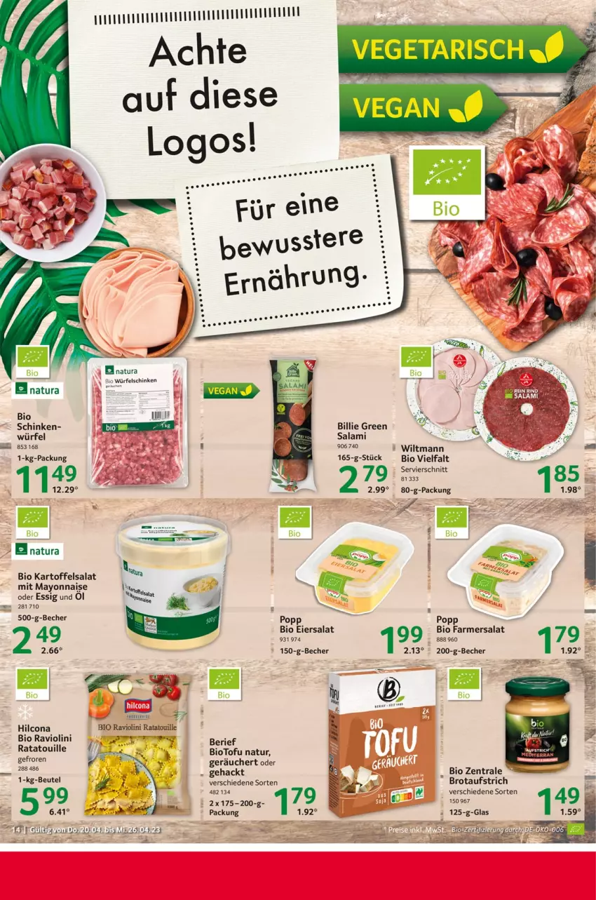 Aktueller Prospekt Selgros - Food - von 20.04 bis 26.04.2023 - strona 14 - produkty: aufstrich, Becher, bio, brot, brotaufstrich, eier, eiersalat, essig, hilcona, kartoffel, kartoffelsalat, mayonnaise, natur, natura, Popp, ravioli, salami, salat, schinken, tee, Tofu, wiltmann, würfel, Yo