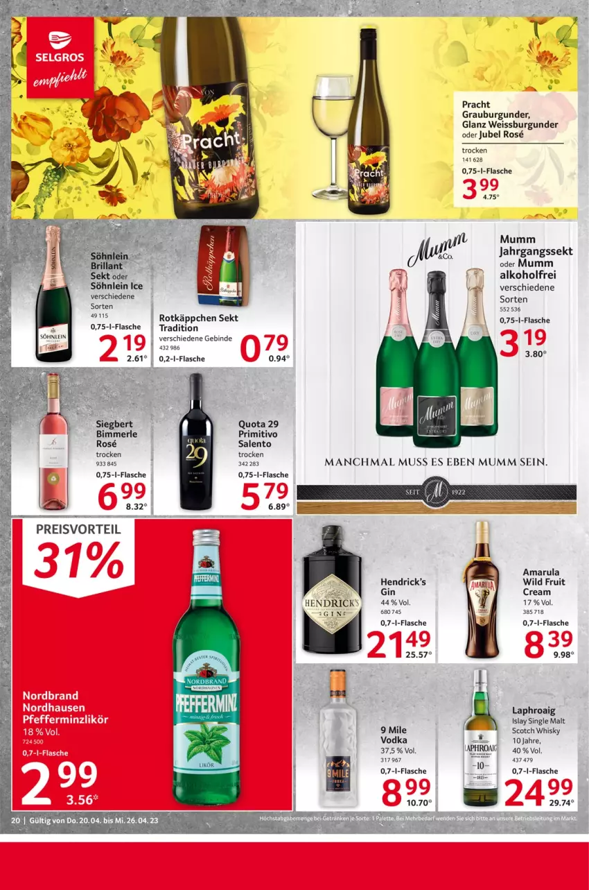 Aktueller Prospekt Selgros - Food - von 20.04 bis 26.04.2023 - strona 20 - produkty: alkohol, amarula, burgunder, eis, flasche, gin, grauburgunder, islay single malt, jahrgangssekt, laphroaig, merl, mumm, preisvorteil, primitivo, reis, rotkäppchen, scotch, scotch whisky, sekt, single malt, söhnlein, tee, Ti, vodka, whisky, Wild