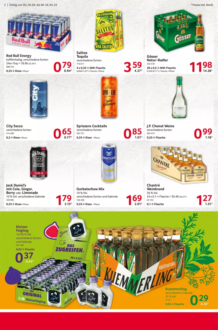 Aktueller Prospekt Selgros - Food - von 20.04 bis 26.04.2023 - strona 24 - produkty: cocktail, cocktails, cola, ecco, eis, flasche, gin, ginger, Gorbatschow, gösser, J.P. Chenet, jack daniel, Jack Daniel’s, kleiner feigling, kuemmerling, leine, limo, limonade, merl, mw-flasche, natur, radler, red bull, reis, Sprizz, tequila, Ti, wein, weinbrand, weine, whiskey