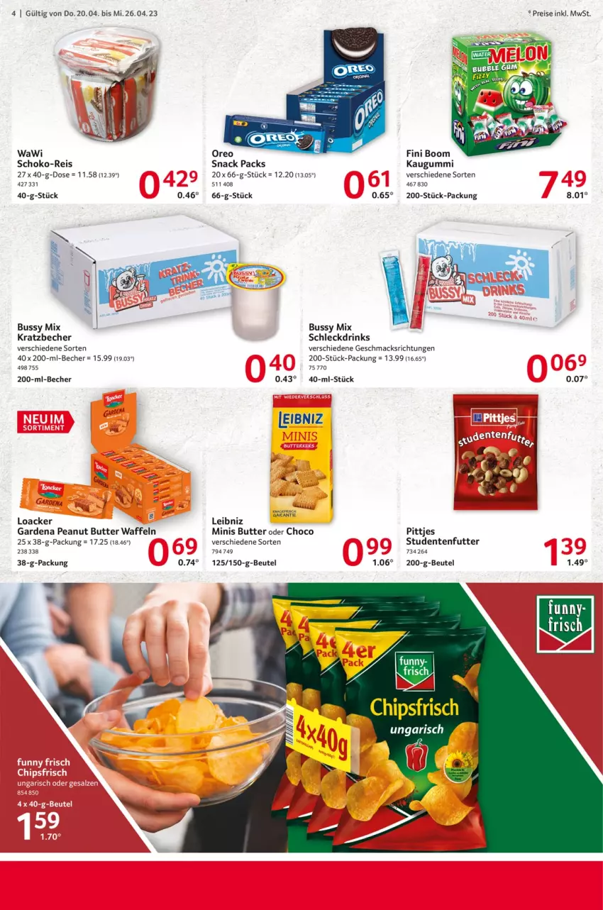 Aktueller Prospekt Selgros - Food - von 20.04 bis 26.04.2023 - strona 26 - produkty: Becher, beutel, butter, chips, chipsfrisch, drink, drinks, eis, ente, gardena, kaugummi, leibniz, mac, oreo, peanut butter, reis, schoko, snack, studentenfutter, Ti, waffeln