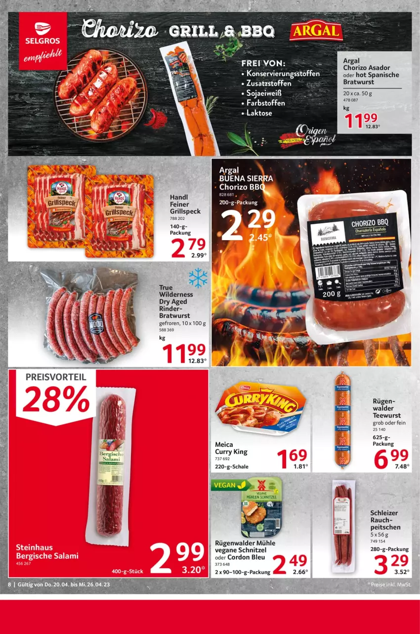 Aktueller Prospekt Selgros - Food - von 20.04 bis 26.04.2023 - strona 8 - produkty: bratwurst, chorizo, cordon bleu, curry, eis, grill, meica, preisvorteil, Rauch, reis, rind, rinder, rügenwalder, rügenwalder mühle, salami, Schal, Schale, schnitzel, Speck, tee, teewurst, Wild, wurst