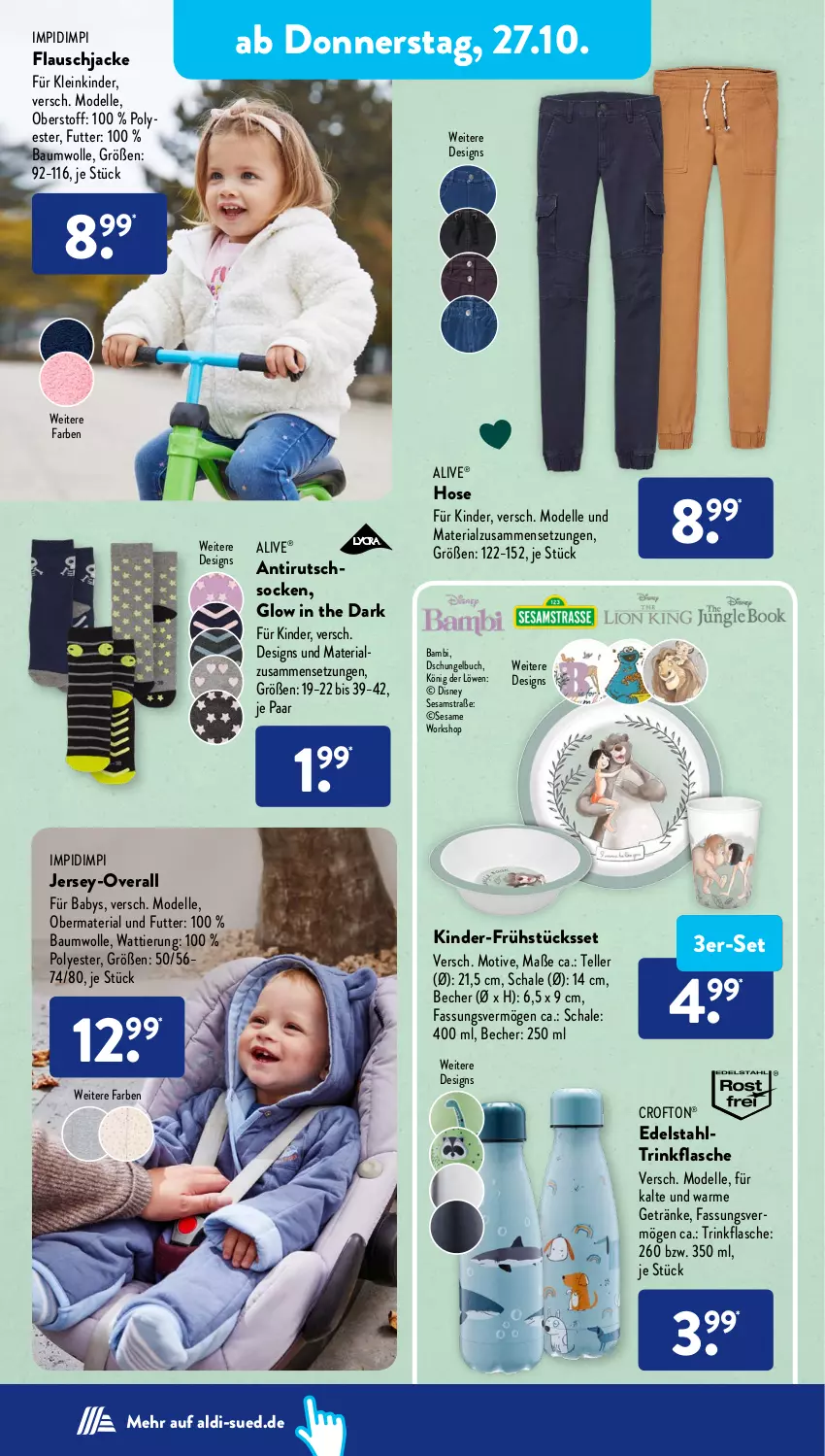 Aktueller Prospekt AldiSud - NÄCHSTE WOCHE - von 24.10 bis 29.10.2022 - strona 30 - produkty: aldi, Bau, baumwolle, Becher, bier, buch, Crofton, crofton®, dell, disney, edelstahl, eis, elle, flasche, getränk, getränke, hose, Jacke, Kinder, König der Löwen, Mode, Overall, reis, Ria, Schal, Schale, sesam, Sesamstraße, socken, teller, Ti, trinkflasche, wolle