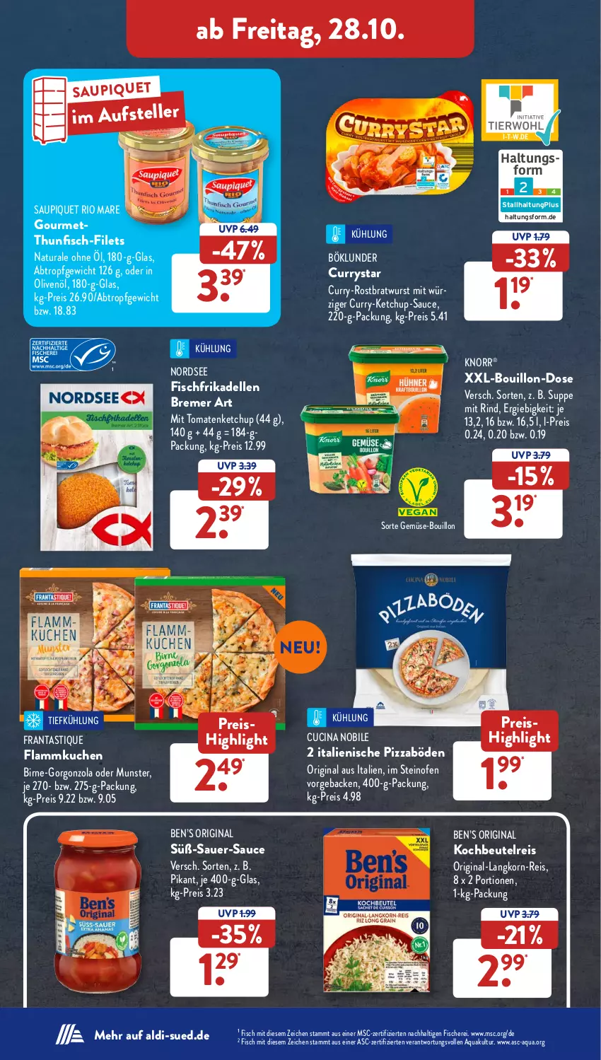 Aktueller Prospekt AldiSud - NÄCHSTE WOCHE - von 24.10 bis 29.10.2022 - strona 36 - produkty: aldi, aqua, asti, auer, Ben’s Original, beutel, böklunder, bratwurst, cin, curry, dell, eis, elle, filet, filets, fisch, fische, Fischer, flammkuchen, frikadellen, geback, gin, gorgonzola, in olivenöl, ketchup, knorr, kochbeutel, korn, kuchen, lamm, Mett, natur, natura, Nordsee, Ofen, olive, oliven, olivenöl, pizza, reis, rind, Rio Mare, rostbratwurst, sauce, saupiquet, Schere, steinofen, suppe, teller, thunfisch, Ti, tomate, tomaten, tomatenketchup, wurst