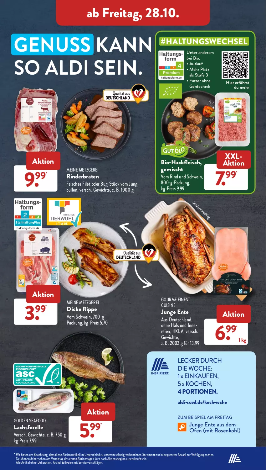 Aktueller Prospekt AldiSud - NÄCHSTE WOCHE - von 24.10 bis 29.10.2022 - strona 37 - produkty: aldi, alle artikel ohne dekoration, bio, Bio-Hackfleisch, braten, dekoration, eis, elle, ente, Falsches Filet, filet, fleisch, forelle, gin, gsw, hackfleisch, jungbullen, lachs, nuss, Ofen, reis, rel, rind, rinder, rinderbraten, rosen, Rosenkohl, schwein, Ti, wein, ZTE