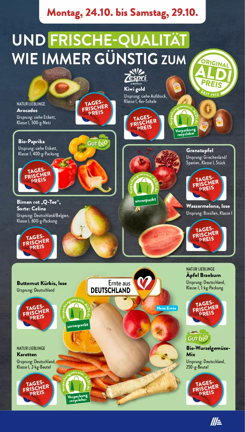 Aktueller Prospekt AldiSud - NÄCHSTE WOCHE - von 24.10 bis 29.10.2022 - strona 5 - produkty: apfel, avocado, avocados, beutel, bio, Bio-Paprika, Birnen, butter, grana, granatapfel, karotten, kiwi, Kiwi Gold, Kürbis, LG, melone, natur, paprika, Rana, Schal, Schale, tee, Ti, wasser, wassermelone