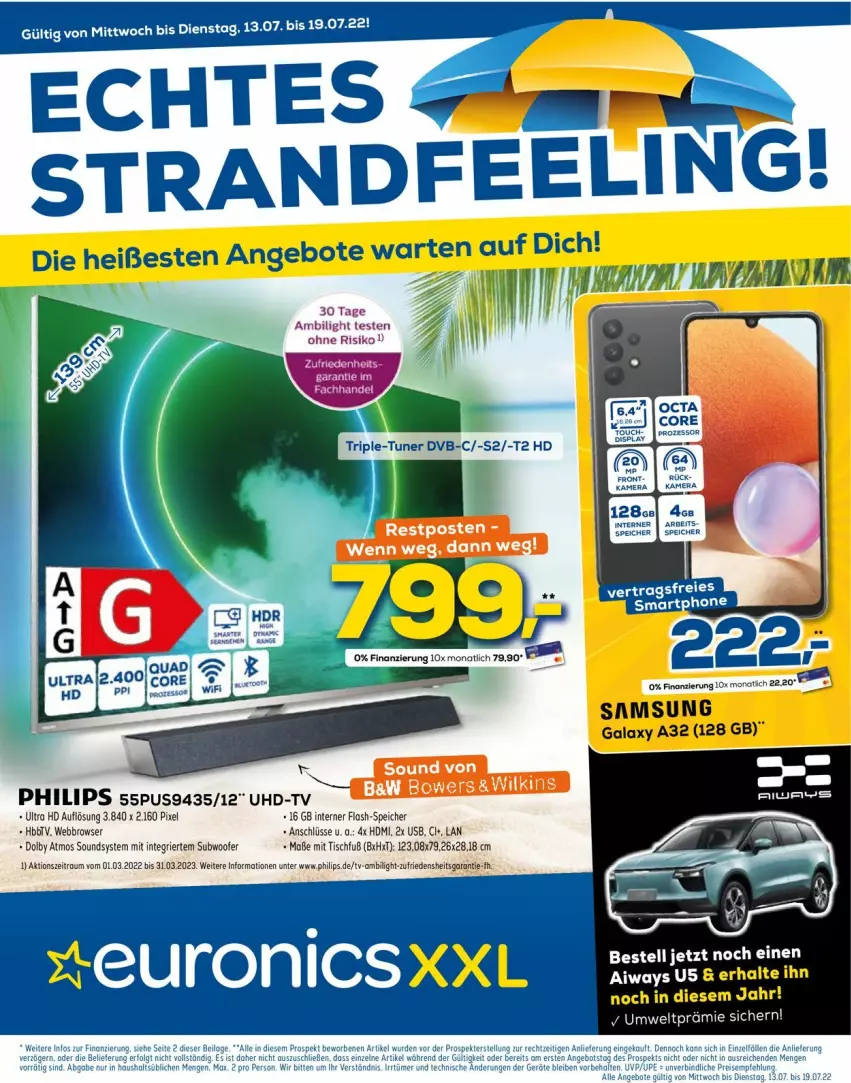 Aktueller Prospekt Euronics - Prospekte - von 13.07 bis 20.07.2022 - strona 1 - produkty: HDMI, Philips, Subwoofer, Ti, tisch, uhd, UHD-TV, usb