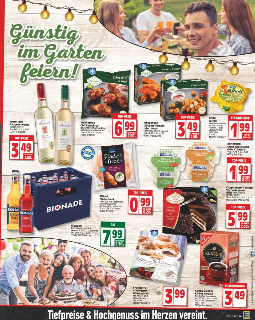 Aktueller Prospekt Edeka - Angebote der Woche - von 07.08 bis 12.08.2023 - strona 13 - produkty: allioli, Becher, beutel, bio, bionade, bohne, bohnen, brot, chicken wings, chovi, Coleslaw, coppenrath, deka, eis, ente, erfrischungsgetränk, fisch, Fladenbrot, flasche, fleisch, geback, getränk, gewürz, Hähnchenfleisch, hähnchenflügel, kaffee, kartoffel, kirsch, Kraut, krautsalat, kühlmann, marinade, moselland, natur, nuss, Ofen, orange, Rauch, reis, riesling, röstkaffee, sahne, salat, sesam, steinofen, Ti, torte, wein, weine, Windbeutel, Yo, ZTE