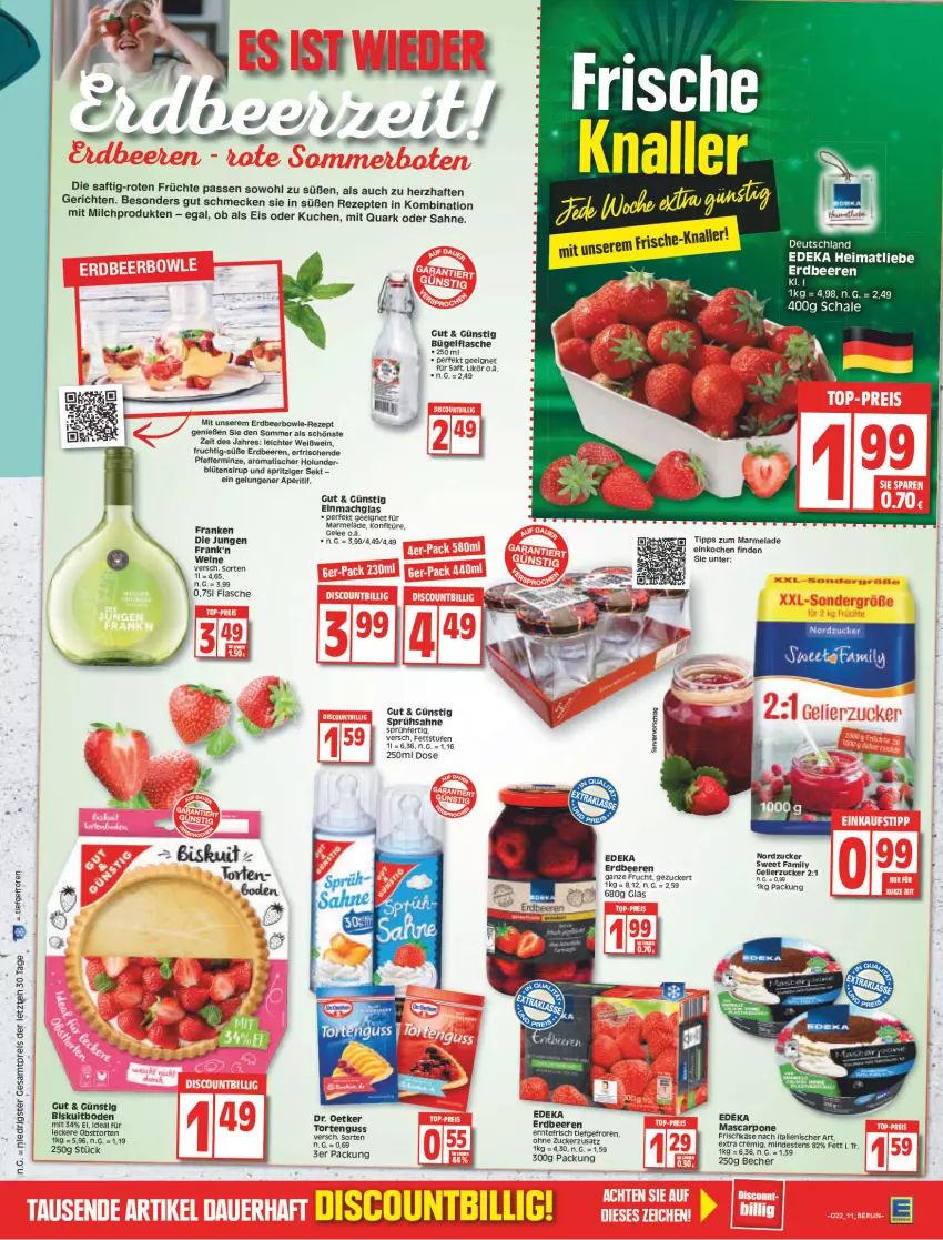 Aktueller Prospekt Edeka - Angebote der Woche - von 30.05 bis 04.06.2022 - strona 11 - produkty: aperitif, Becher, beere, beeren, Blüte, bowle, bügel, bügelflasche, deka, discount, Dr. Oetker, einmachglas, eis, erdbeere, erdbeeren, flasche, frischkäse, frucht, früchte, gelee, gelierzucker, holunder, HP, Käse, konfitüre, kuchen, likör, mac, marmelade, mascarpone, milch, minze, nordzucker, obst, pfeffer, pfefferminze, quark, rel, rezept, rezepte, saft, sahne, Schal, Schale, sekt, sirup, Sweet Family, Ti, tisch, torte, tortenguss, wein, weine, Weißwein, ZTE, zucker