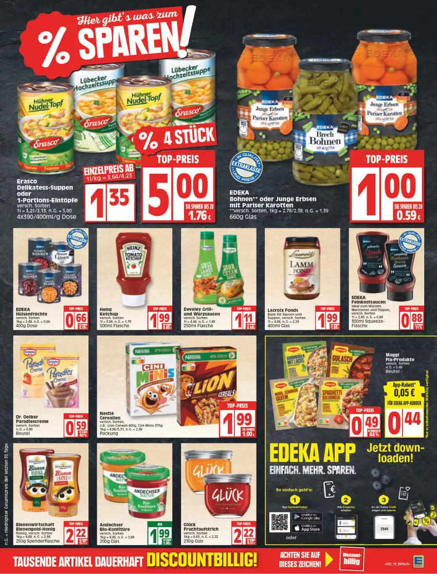 Aktueller Prospekt Edeka - Angebote der Woche - von 30.05 bis 04.06.2022 - strona 15 - produkty: aufstrich, beutel, bohne, bohnen, cereals, cin, creme, deka, develey, dip, Dr. Oetker, eintöpfe, eis, erasco, erbsen, flasche, frucht, fruchtaufstrich, früchte, google play, grill, honig, hülsenfrüchte, junge erbsen, karotten, ketchup, konfitüre, lion, reis, sauce, saucen, senf, suppe, suppen, Ti, würzsauce, würzsaucen, ZTE