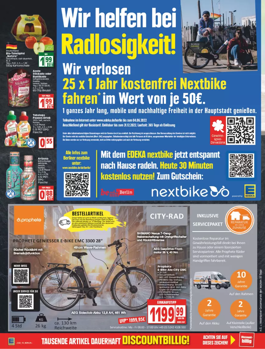 Aktueller Prospekt Edeka - Angebote der Woche - von 30.05 bis 04.06.2022 - strona 16 - produkty: aeg, akku, Bau, beleuchtung, beutel, deka, discount, drink, E-Bike, einkaufstipp, eis, erde, flasche, getränk, getränke, gutschein, Heu, LG, mac, nexus, promax, prophete, rel, rücklicht, rwe, saft, Schal, Schale, shimano, snack, snacks, stickado, tafeläpfel, Ti, uhr, ZTE