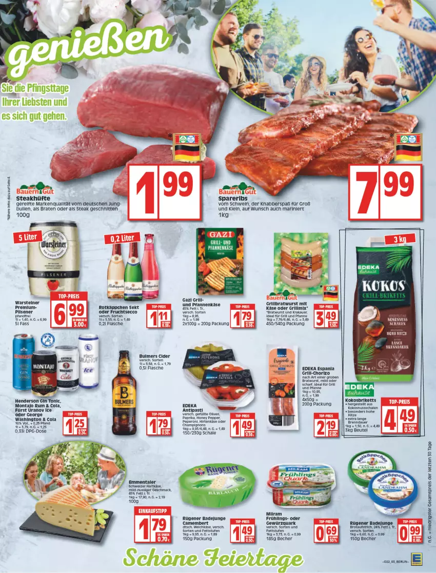 Aktueller Prospekt Edeka - Angebote der Woche - von 30.05 bis 04.06.2022 - strona 3 - produkty: antipasti, asti, auer, aufstrich, Bad, Becher, beutel, braten, bratwurst, briketts, brot, brotaufstrich, camembert, champignon, champignons, chorizo, cider, cola, deka, ecco, eis, enders, flasche, frucht, fruchtsecco, für grill und pfanne, gewürz, gewürzquark, gin, grill, grill und pfanne, hartkäse, hirtenkäse, ideal für grill, ideal für grill und pfanne, ilag, Käse, kokos, kokosnuss, krakauer, mac, milram, nuss, olive, oliven, paprika, peperoni, Peroni, pfanne, pfannen, pfannenkäse, quark, reis, rotkäppchen, Rügener, rügener badejunge, rum, Schal, Schale, schnitten, schwein, schweizer hartkäse, sekt, spareribs, steak, steakhüfte, steiner, tee, Ti, und pfanne, warsteiner, weichkäse, wein, wurst, ZTE