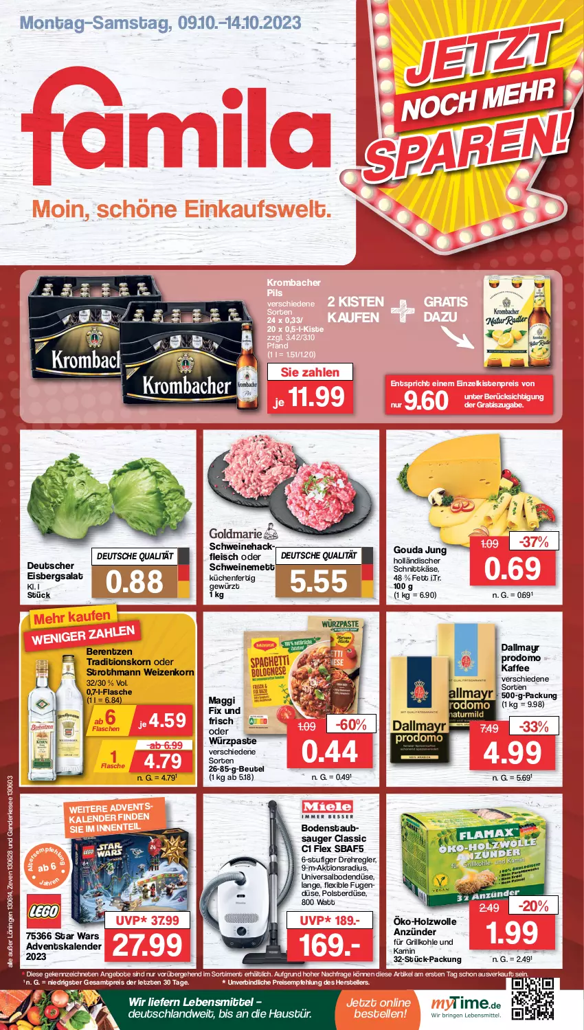 Aktueller Prospekt Famila - Prospekte - von 09.10 bis 14.10.2023 - strona 1 - produkty: Adventskalender, angebot, angebote, anzünder, aust, berentzen, beutel, dallmayr, dallmayr prodomo, eis, eisbergsalat, elle, ente, flasche, fleisch, gewürz, gouda, gouda jung, grill, Grillkohle, holländischer schnittkäse, Holz, kaffee, Kamin, Käse, korn, krombache, krombacher, krombacher pils, küche, Küchen, lebensmittel, maggi, maggi fix, Mett, pils, prodomo, reis, salat, schnittkäse, schwein, schweine, schweinemett, teller, Ti, wein, weine, weizenkorn, wolle, ZTE