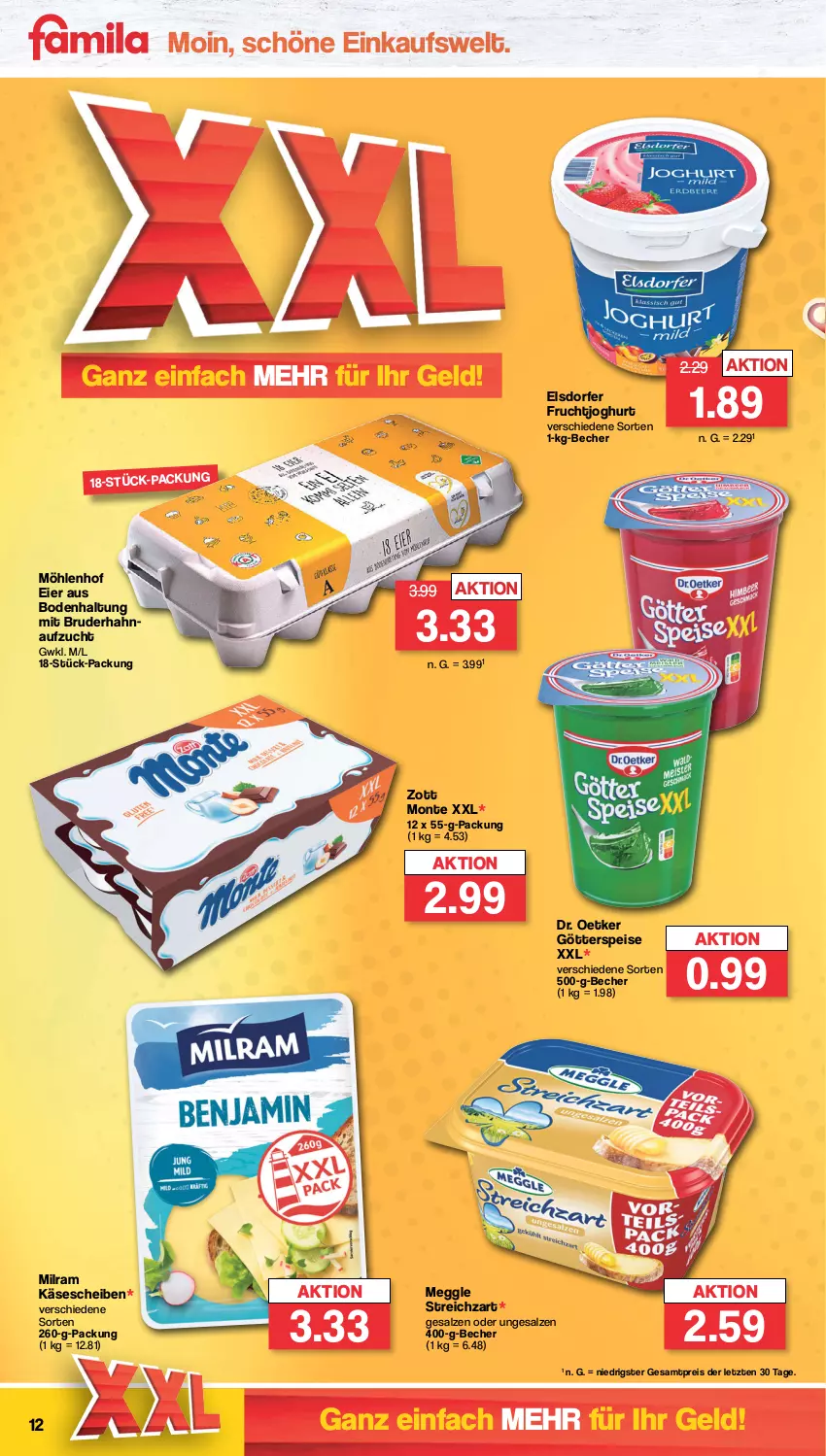 Aktueller Prospekt Famila - Prospekte - von 09.10 bis 14.10.2023 - strona 13 - produkty: Becher, Dr. Oetker, eier, eis, frucht, fruchtjoghurt, götterspeise, joghur, joghurt, Käse, käsescheiben, meggle, milram, monte, reis, salz, Streichzart, Ti, zott, Zott Monte, ZTE