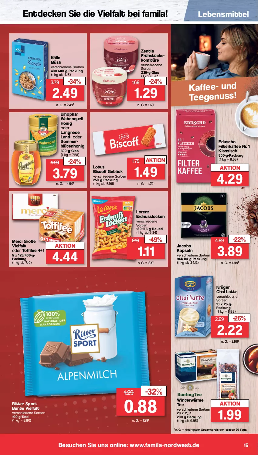 Aktueller Prospekt Famila - Prospekte - von 09.10 bis 14.10.2023 - strona 16 - produkty: beutel, bihophar, biscoff, Blüte, blütenhonig, decke, eduscho, eis, erdnuss, filterkaffee, honig, jacobs, kaffee, kölln, konfitüre, krüger, langnese, latte, lebensmittel, lorenz, merci, müsli, nuss, reis, ritter, ritter sport, Sport, tee, Ti, toffifee, zentis, ZTE