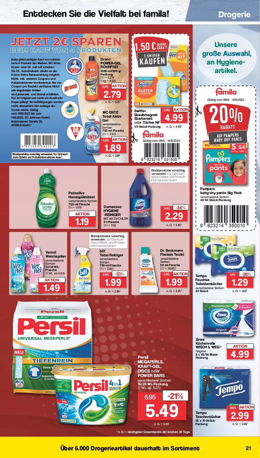 Aktueller Prospekt Famila - Prospekte - von 09.10 bis 14.10.2023 - strona 23 - produkty: aktiv gel, auer, baby-dry, biff, bio, biozidprodukte, coupon, coupons, decke, domestos, Dr. Beckmann, eis, ente, erde, flasche, gin, kraft, küche, Küchen, küchenrolle, Manner, megaperls, Mett, olive, palmolive, pampers, pampers baby dry, Pants, persil, power-gel, Rauch, reiniger, reis, rwe, sofortrabatt, spülmittel, staubmagnet, swiffer, Tasche, taschen, taschentücher, Tempo, Ti, toilettentücher, tücher, vernel, wc ente, weichspüler, zewa, ZTE