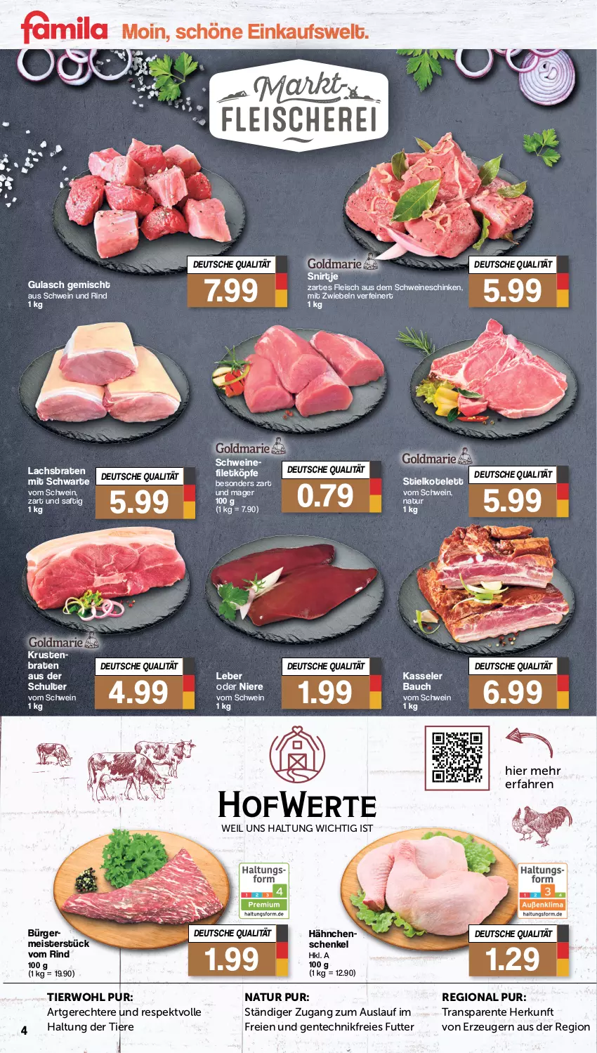 Aktueller Prospekt Famila - Prospekte - von 09.10 bis 14.10.2023 - strona 4 - produkty: Bau, braten, eis, ente, filet, fleisch, gulasch, henkel, kasseler, kotelett, lachs, Lachsbraten, Meister, mit zwiebeln, natur, rind, saft, schenkel, schinken, schwein, schwein und rind, schweine, Ti, Tiere, wein, weine, zwiebel, zwiebeln