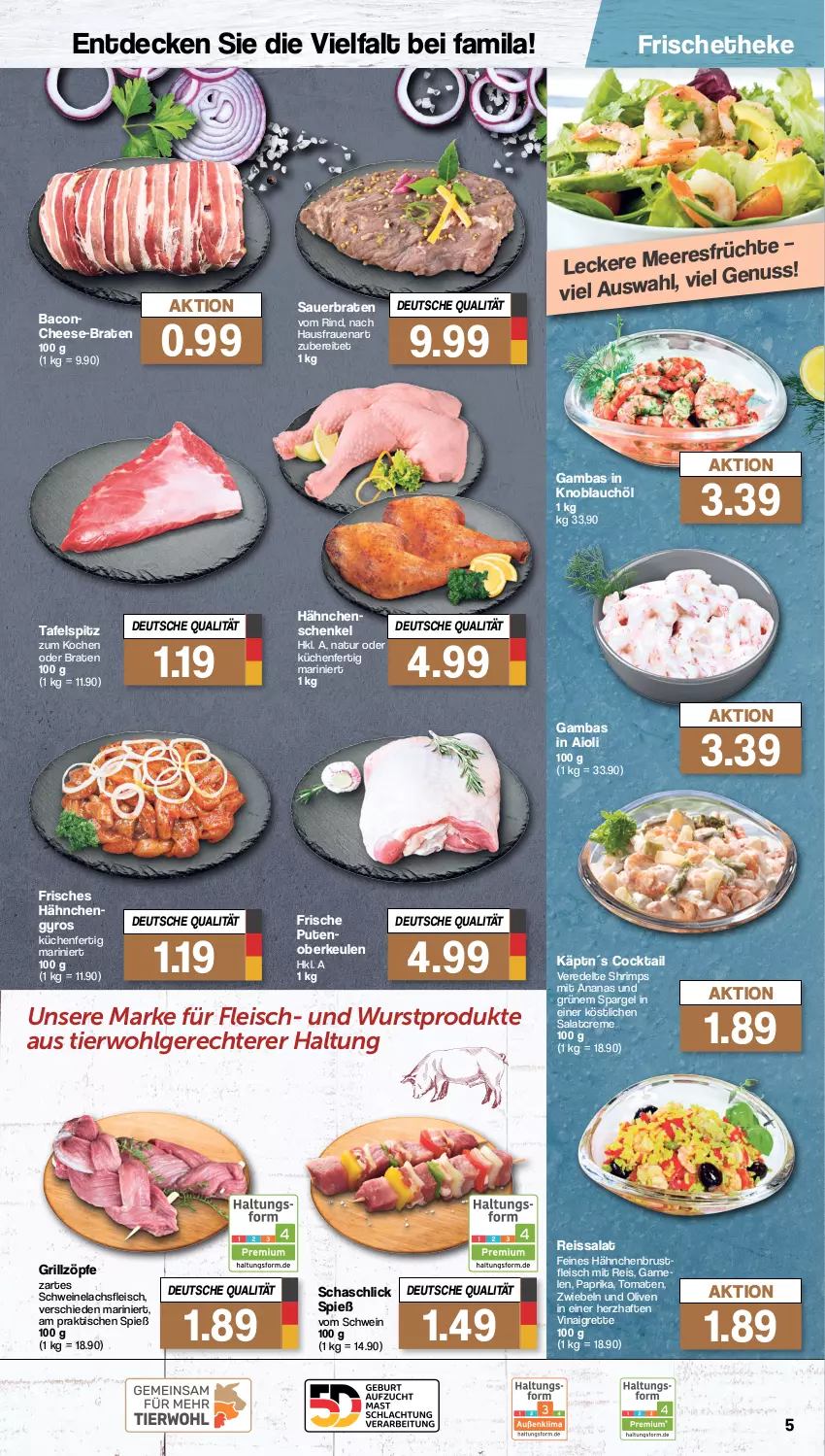 Aktueller Prospekt Famila - Prospekte - von 09.10 bis 14.10.2023 - strona 5 - produkty: aioli, ananas, auer, bacon, braten, cocktail, creme, decke, eis, fleisch, früchte, garnelen, grill, gyros, hähnchenbrust, Hähnchengyros, hähnchenschenkel, henkel, knoblauch, küche, Küchen, lachs, LG, natur, olive, oliven, paprika, pute, reis, reiss, rind, salat, salatcreme, schenkel, schwein, schweine, Schweinelachs, spargel, tafelspitz, Ti, tisch, tomate, tomaten, wein, weine, wurst, zwiebel, zwiebeln