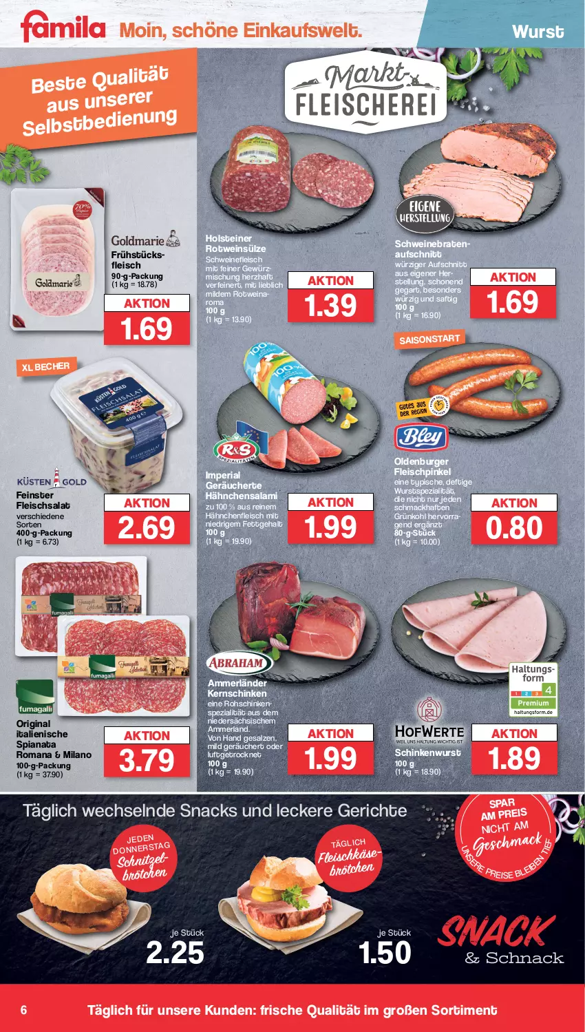 Aktueller Prospekt Famila - Prospekte - von 09.10 bis 14.10.2023 - strona 6 - produkty: ammerländer, aufschnitt, Becher, braten, bratenaufschnitt, brötchen, burger, eis, fleisch, fleischsalat, frühstücksfleisch, gewürz, Gewürzmischung, gin, Hähnchenfleisch, holsteiner, HP, kernschinken, mac, merl, reis, Ria, rohschinken, rotwein, sac, saft, salami, salat, salz, schinken, schinkenwurst, schnitzel, schwein, schweine, schweinebraten, schweinefleisch, snack, snacks, Spezi, steiner, tesa, Ti, wein, weine, wurst