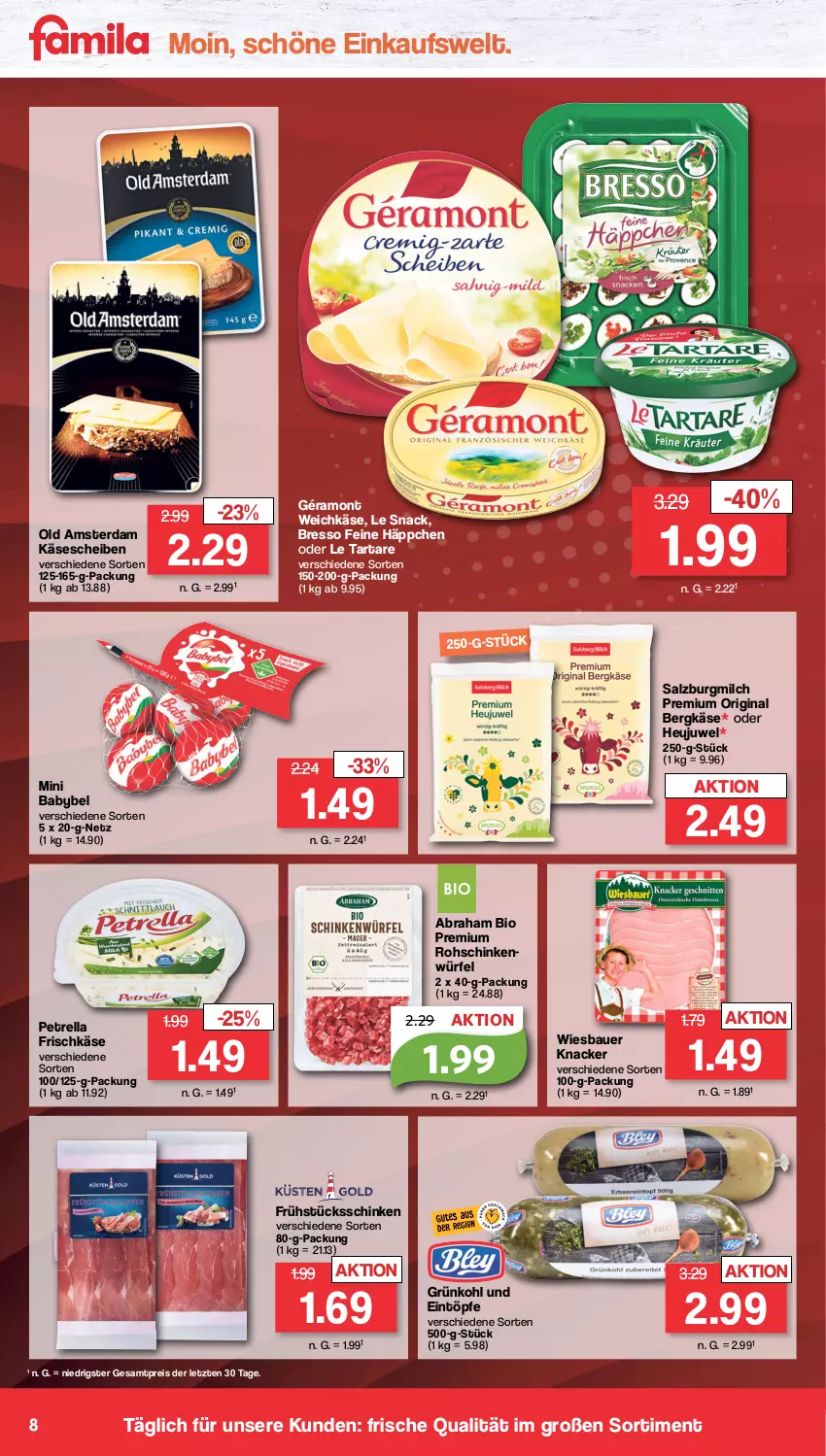 Aktueller Prospekt Famila - Prospekte - von 09.10 bis 14.10.2023 - strona 9 - produkty: auer, babybel, Bau, Bauer, Bergkäse, bio, bresso, eintöpfe, eis, frischkäse, géramont, gin, Heu, Heujuwel, Käse, käsescheiben, knacker, milch, mini babybel, Old Amsterdam, petrella, reis, rel, rohschinken, salz, SalzburgMilch, schinken, snack, Ti, weichkäse, wiesbauer, würfel, ZTE