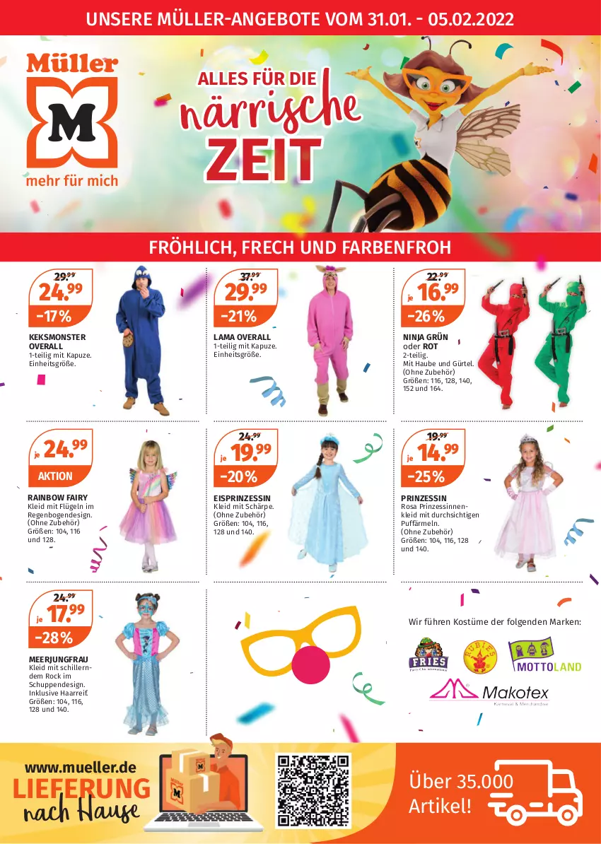 Aktueller Prospekt Mueller - Alles für die närrische Zeit - von 31.01 bis 05.02.2022 - strona 1 - produkty: angebot, angebote, eis, elle, fairy, Jungfrau, keks, kleid, LG, monster, Müller, Overall, spielwaren, Ti