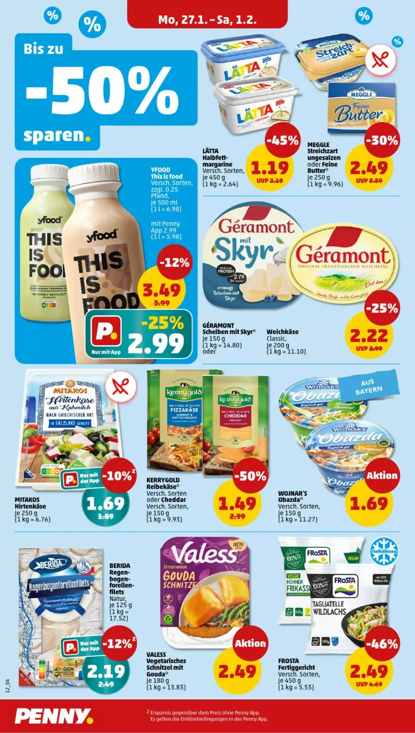 Aktueller Prospekt Penny - Prospekte - von 27.01 bis 01.02.2025 - strona 12 - produkty: butter, cheddar, fertiggericht, frosta, gouda, hirtenkäse, Käse, kerrygold, lätta, margarine, meggle, milch, mit gouda, Reibekäse, salz, schnitzel, Skyr, Streichzart, tee, Ti, Vegeta, weichkäse