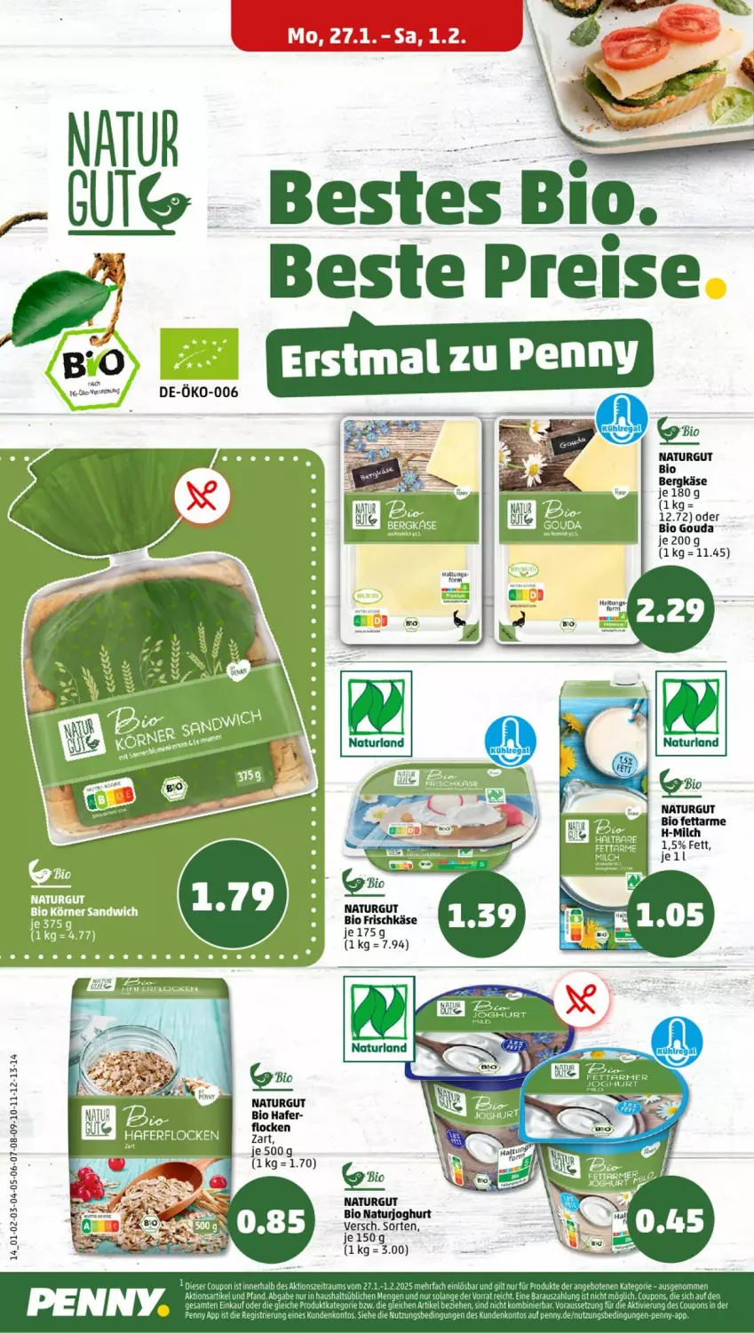 Aktueller Prospekt Penny - Prospekte - von 27.01 bis 01.02.2025 - strona 14 - produkty: Bergkäse, bio, eis, frischkäse, gouda, hafer, joghur, joghurt, Käse, milch, natur, naturjoghurt, reis, sandwich