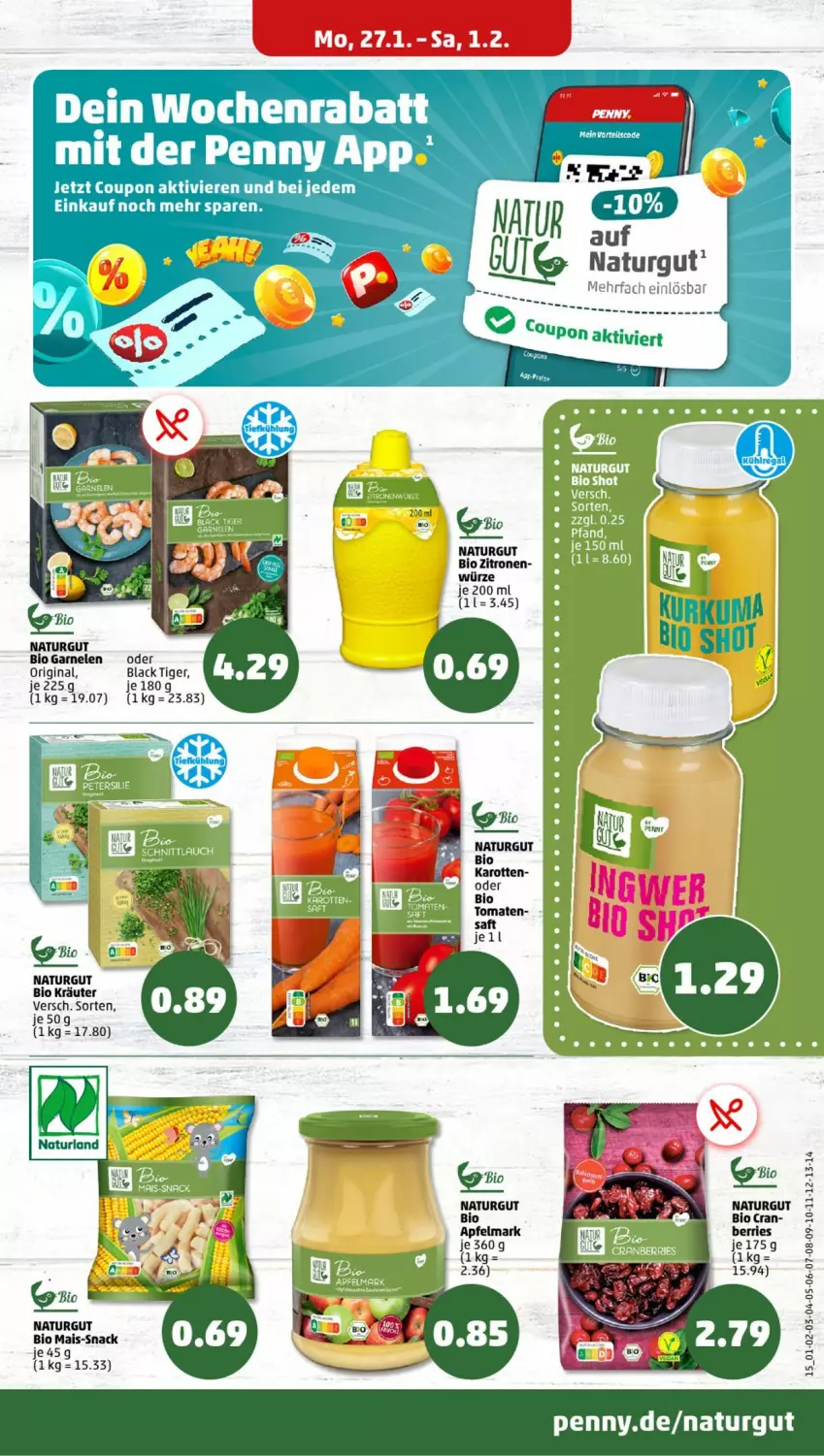 Aktueller Prospekt Penny - Prospekte - von 27.01 bis 01.02.2025 - strona 15 - produkty: bio, coupon, garnelen, gin, karotten, kräuter, lack, mais, natur, saft, snack, Ti, tomate, tomaten, zitrone, zitronen