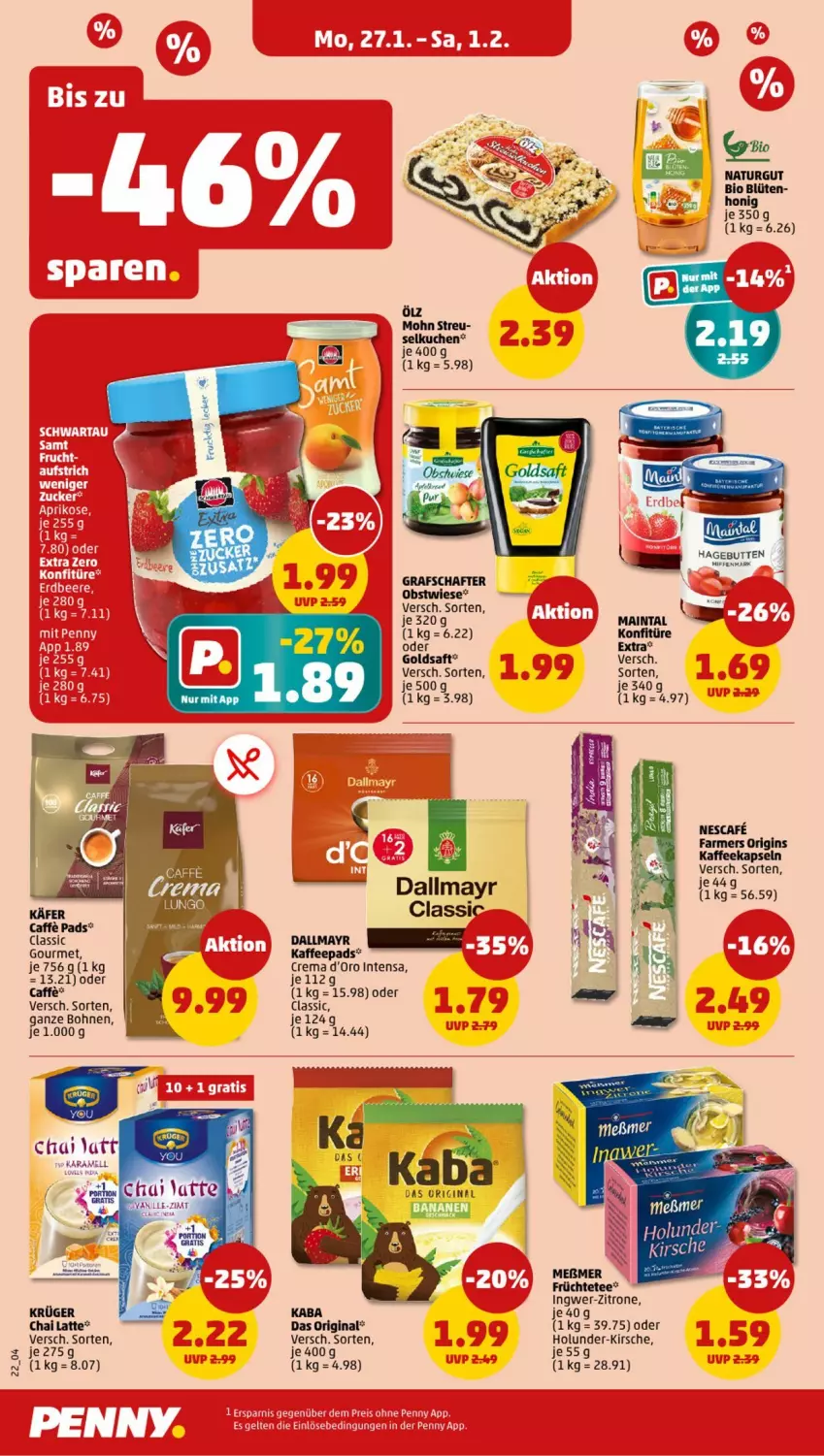 Aktueller Prospekt Penny - Prospekte - von 27.01 bis 01.02.2025 - strona 22 - produkty: banane, bananen, bio, Blüte, bohne, bohnen, caffe, dallmayr, früchte, Früchtetee, gin, goldsaft, grafschafter, holunder, honig, ingwer, käfer, kaffee, kaffeekapseln, kaffeepads, kirsch, kirsche, konfitüre, konfitüre extra, kuchen, latte, mam, natur, nescafe, obst, saft, tee, zitrone