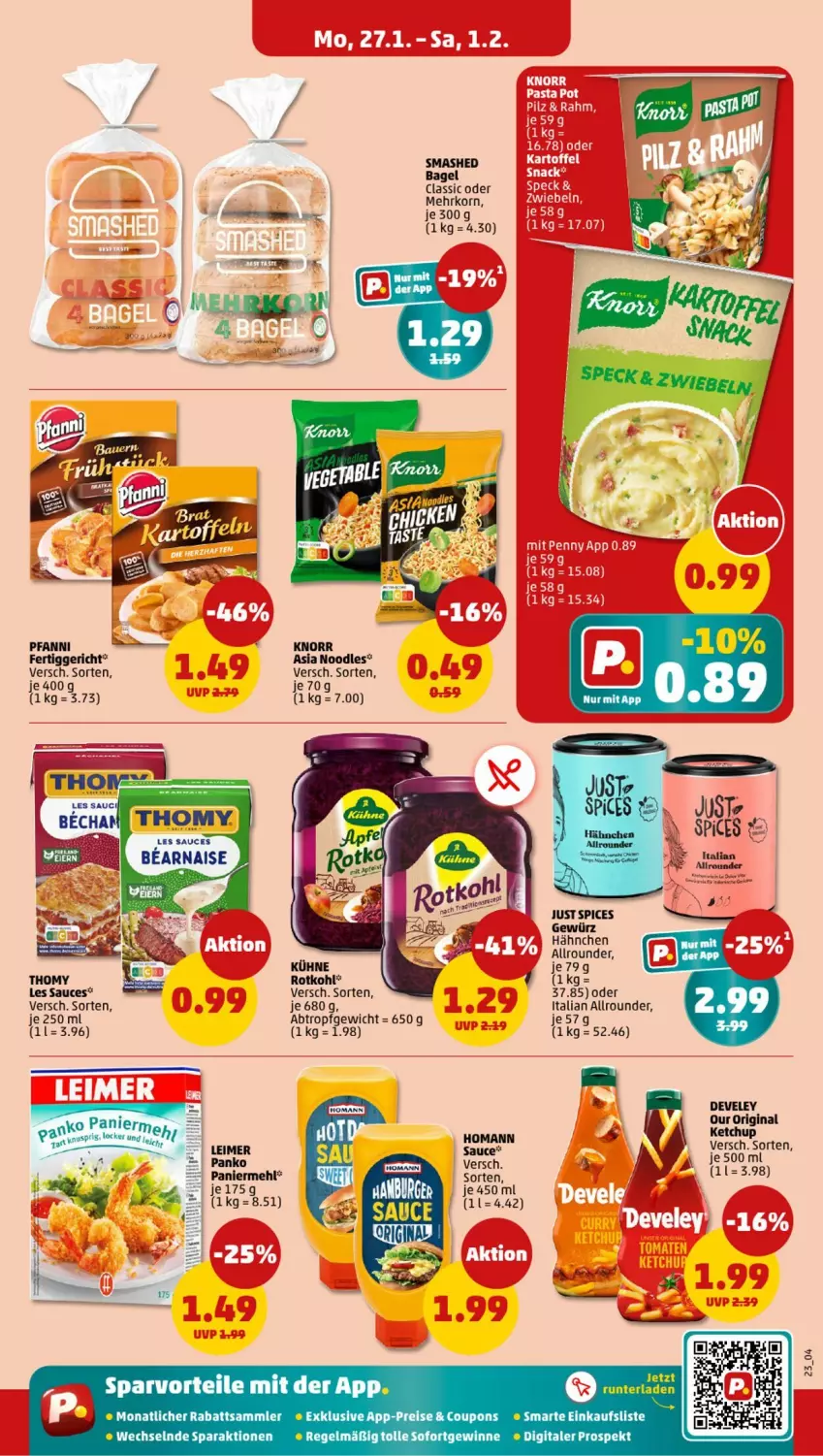 Aktueller Prospekt Penny - Prospekte - von 27.01 bis 01.02.2025 - strona 23 - produkty: Bagel, classico, fertiggericht, gewürz, gin, homann, ketchup, korn, mehl, Paniermehl, pasta, pfanni, rotkohl, sauce, snack, Speck, thomy, Ti