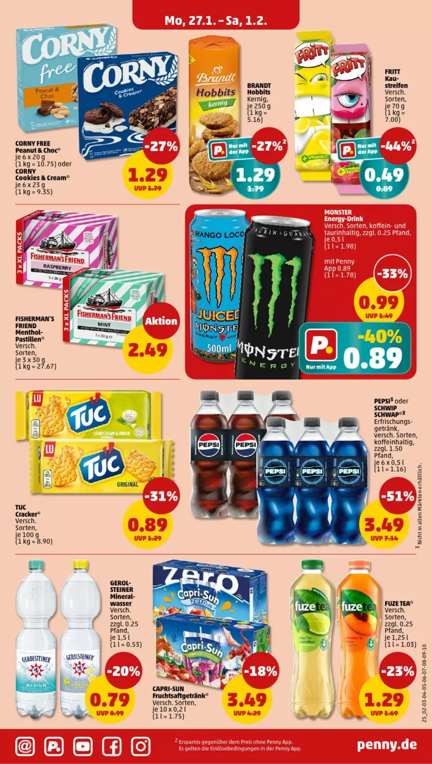 Aktueller Prospekt Penny - Prospekte - von 27.01 bis 01.02.2025 - strona 25 - produkty: asti, Cap, capri-sun, cookie, cookies, corny, cracker, frucht, fruchtsaft, fruchtsaftgetränk, fuze tea, getränk, gin, pepsi, saft, Schwip Schwap, steiner, Ti, tuc, wasser