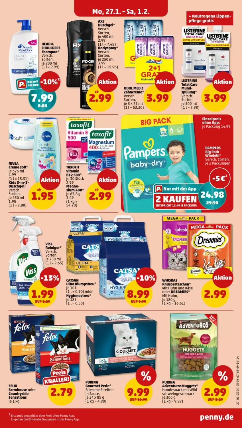 Aktueller Prospekt Penny - Prospekte - von 27.01 bis 01.02.2025 - strona 27 - produkty: adventuros, axe, axe duschgel, catsan, creme, dreamies, duschgel, felix, hundesnack, Käse, klumpstreu, mac, magnesium, nivea, nuggets, Odol, purina, reifen, reiniger, sauce, schwein, sensations, shampoo, snack, spülung, Tasche, taschen, Ti, total care, wein, whiskas, Wild, zahncreme