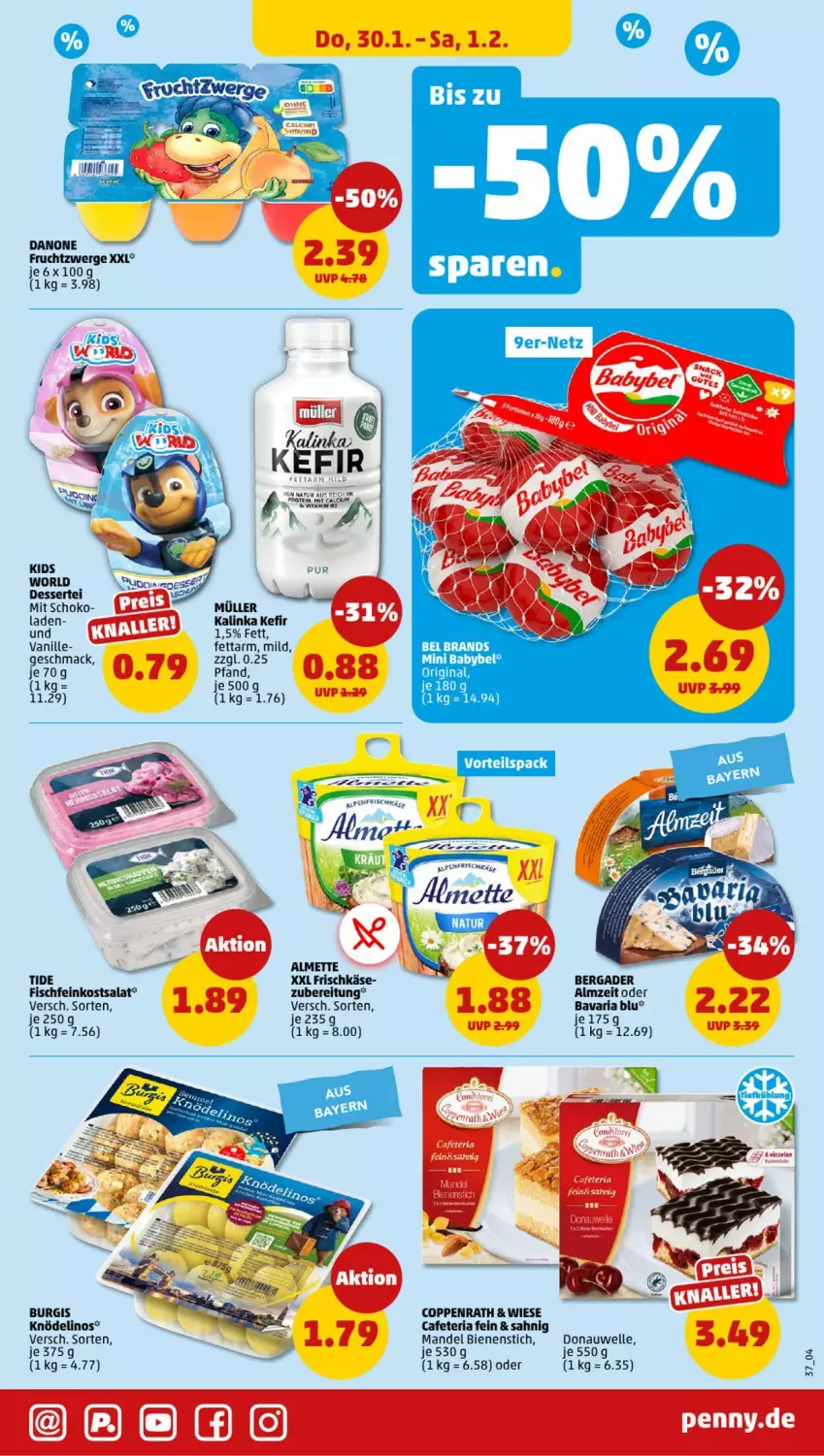 Aktueller Prospekt Penny - Prospekte - von 27.01 bis 01.02.2025 - strona 37 - produkty: almette, babybel, bavaria blu, bergader, coppenrath, danone, danone fruchtzwerge, dessert, elle, feinkost, fisch, Fischfeinkost, frischkäse, frucht, fruchtzwerge, gin, Käse, Kefir, Knödel, mac, mandel, Mett, mini babybel, Müller, Ria, salat, schoko, Ti, vanille