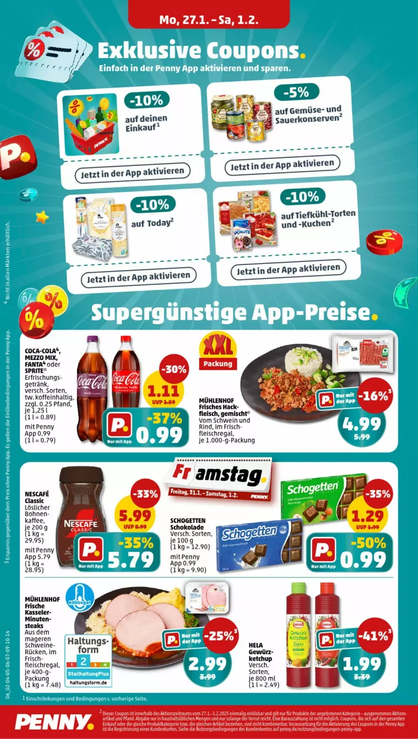 Aktueller Prospekt Penny - Prospekte - von 27.01 bis 01.02.2025 - strona 6 - produkty: angebot, angebote, auer, bohne, bohnen, coca-cola, cola, coupon, coupons, eis, fanta, fleisch, getränk, kaffee, kasseler, Konserven, kuchen, Mezzo Mix, nescafe, oder sprite, regal, rind, schogetten, schoko, schokolade, schwein, schwein und rind, schweine, sprite, steak, steaks, Ti, torte, vom schwein und rind, wein, weine