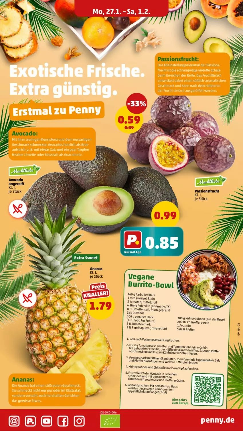 Aktueller Prospekt Penny - Prospekte - von 27.01 bis 01.02.2025 - strona 9 - produkty: ananas, avocado, bohne, bohnen, braten, chili, eis, ente, erde, fleisch, frucht, fruchtfleisch, kidney, kühlschrank, LG, limette, limetten, Mett, metten, olive, oliven, olivenöl, paprika, passionsfrucht, petersilie, pfeffer, reis, rezept, rosen, Rote Zwiebel, saft, Salsa, salz, Schrank, Soße, Ti, tomate, tomaten, tomatenmark, topf, würfel, zwiebel