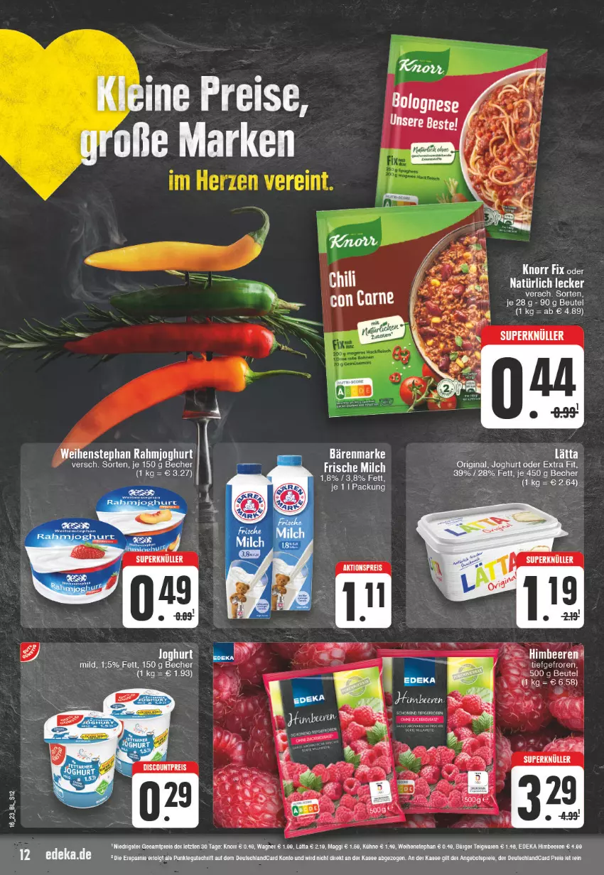 Aktueller Prospekt Edeka - Angebote der Woche - von 17.04 bis 22.04.2023 - strona 12 - produkty: aktionspreis, bärenmarke, Becher, beere, beeren, bett, chili, deka, eis, ente, gin, himbeer, himbeere, himbeeren, joghur, joghurt, knorr, knorr fix, Kühne, lätta, maggi, rahmjoghurt, reis, tee, teigwaren, Ti, weihenstephan, ZTE