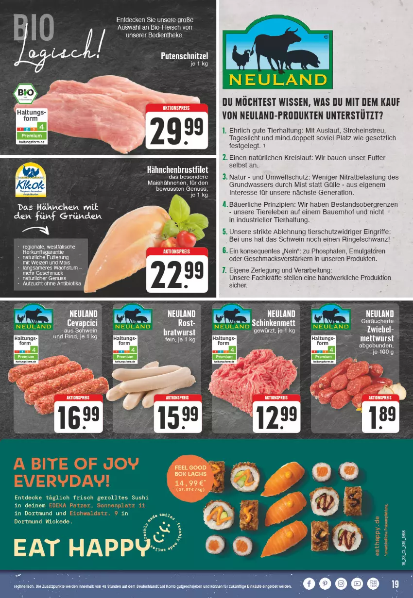 Aktueller Prospekt Edeka - Angebote der Woche - von 17.04 bis 22.04.2023 - strona 19 - produkty: auer, Bau, Bauer, bio, brustfilet, decke, eis, elle, ente, filet, fleisch, gewürz, hahnchen, hähnchenbrust, hähnchenbrustfilet, lachs, LG, mac, mais, Mett, mettwurst, natur, nuss, reis, rel, ring, schwein, Sushi, Ti, Tiere, wasser, wein, WICK, wurst, zwiebel