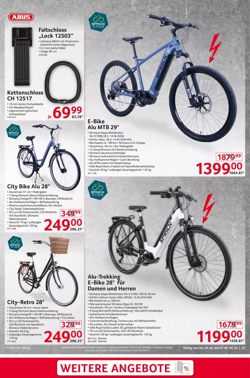 Aktueller Prospekt Selgros - Non Food - von 25.04 bis 30.04.2024 - strona 27 - produkty: abus, akku, angebot, angebote, Bau, computer, E-Bike, elle, Fahrrad, Faltschloss, felgen, gabel, Kette, LG, mac, nabendynamo, nexus, pute, reifen, rücklicht, säge, sattel, sattelstütze, Schal, shimano, Ti