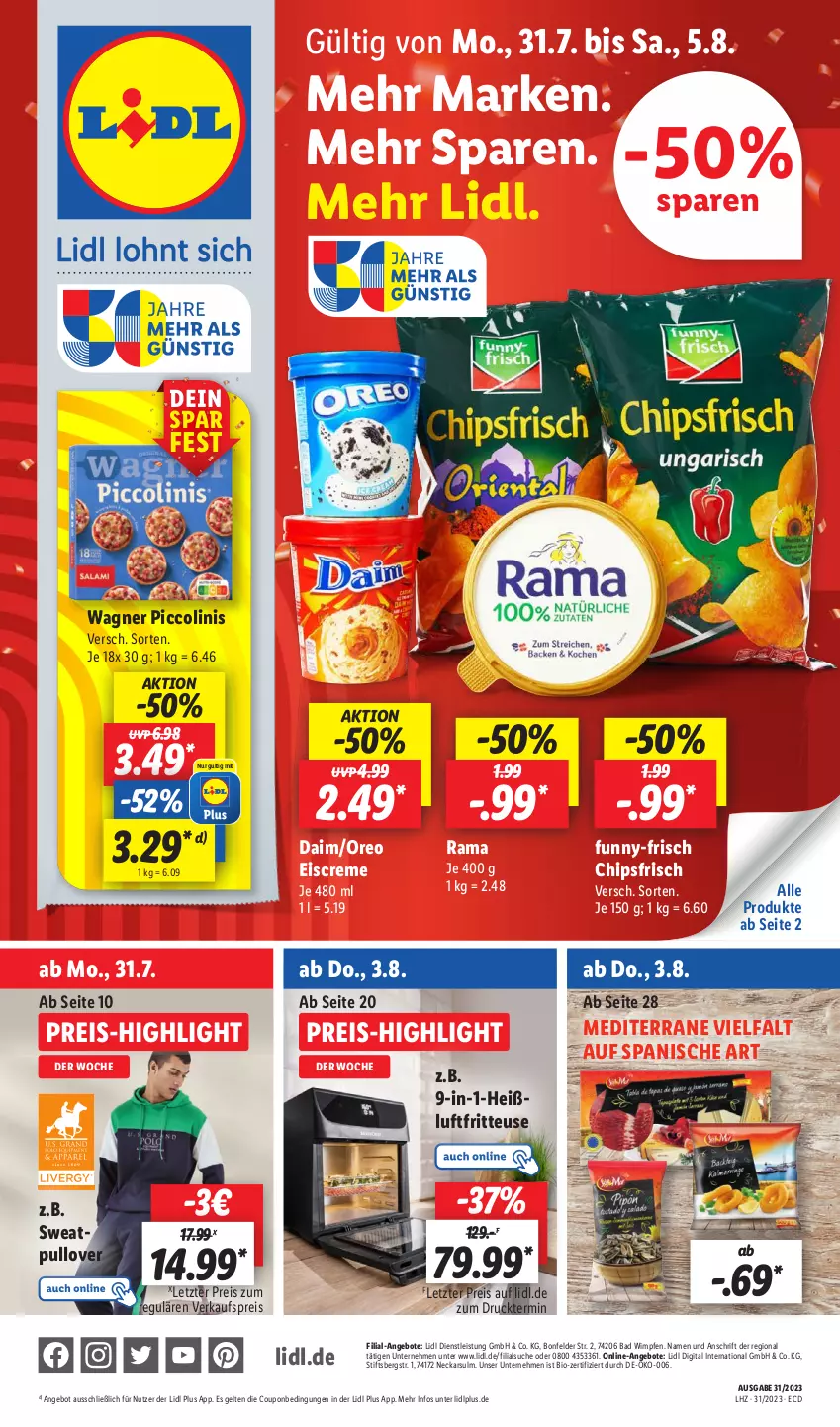 Aktueller Prospekt Lidl - Aktionsprospekt - von 31.07 bis 05.08.2023 - strona 1 - produkty: angebot, angebote, Bad, bio, chips, chipsfrisch, coupon, creme, daim, eis, eiscreme, fritteuse, funny-frisch, Heißluftfritteuse, oreo, piccolinis, preisvorteil, Pullover, rama, reis, Ti, wagner, ZTE